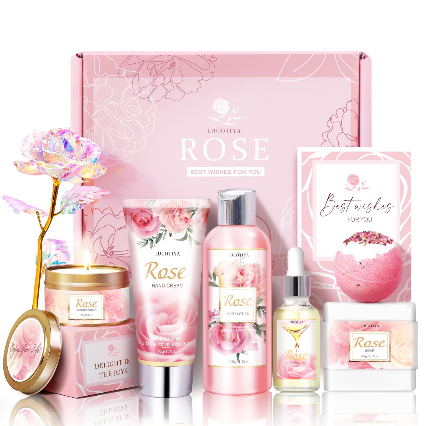 Gifts for Women, Happy Birthday Gifts for Women, Mothers Bath and Body Gift for Woman with Unique Rose Self Care Gift, Home Spa Gift Basket for Mom Beauty and Personal Care LUCOTIYA