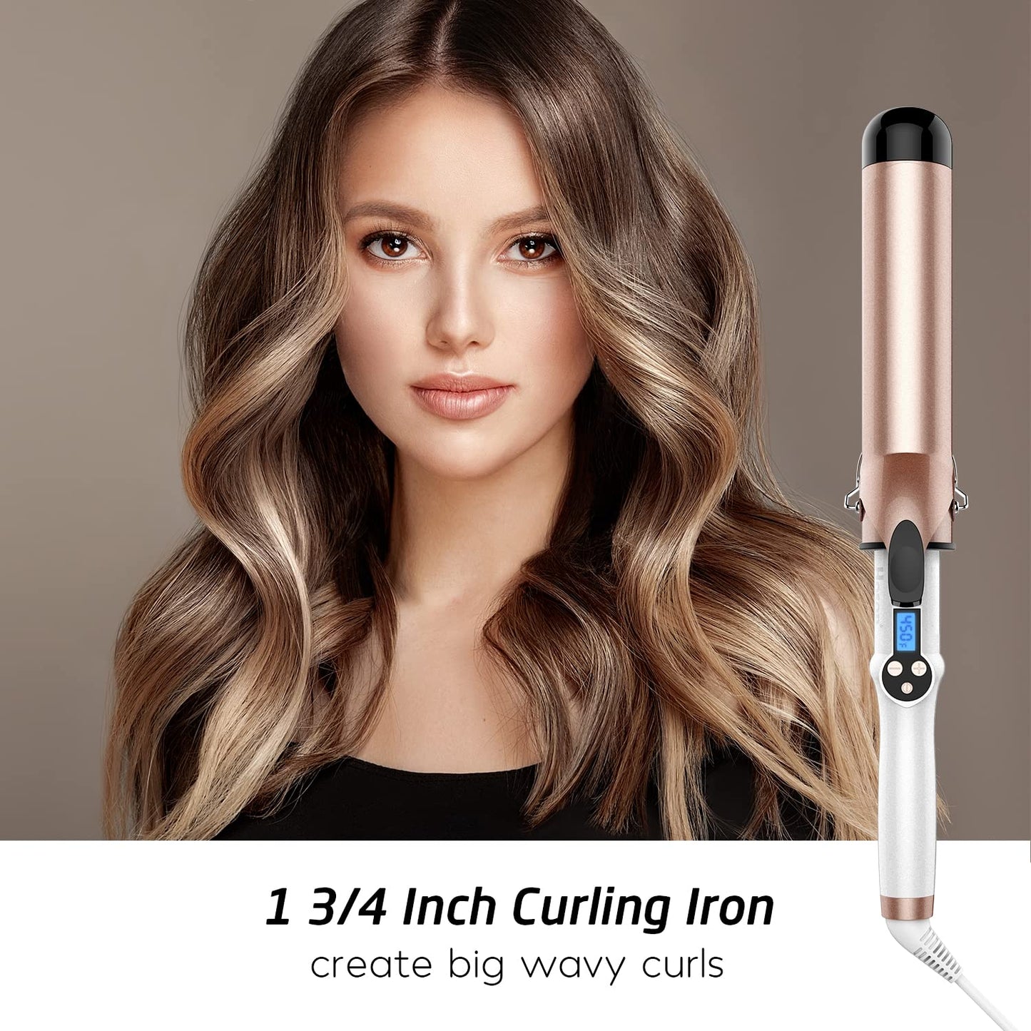 Hoson 1 3/4 Inch Curling Iron Large Barrel, 1.75 Long Barrel Curling Wand Dual Voltage, Ceramic Tourmaline Coating with LCD Display, Glove Include Beauty and Personal Care Hoson