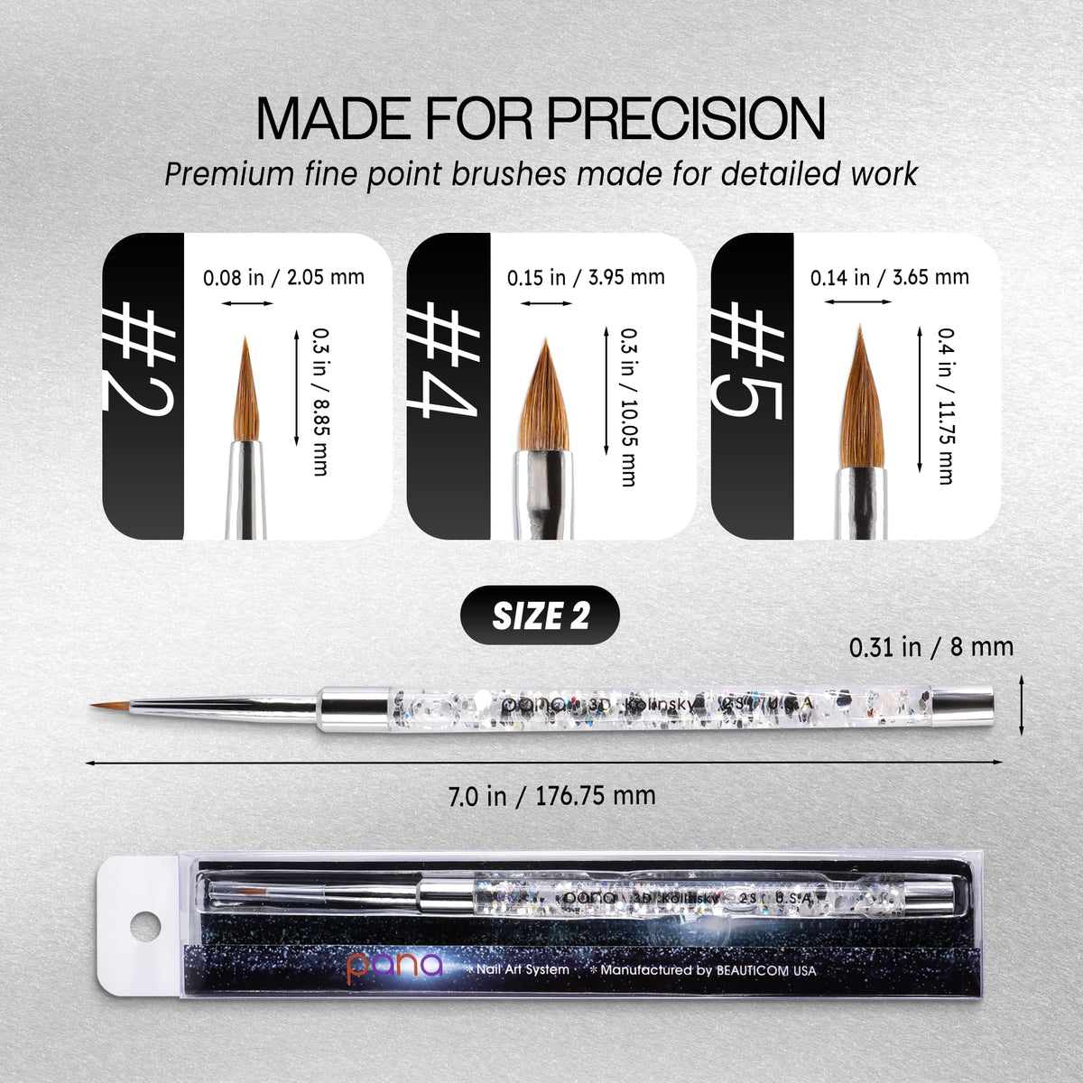 PANA 3D Kolinsky Nail Art Brush - Silver Glitter Handle, Size 2 - Acrylic Nail Art Sculpture Brush for Manicures Pedicure Salon Professional or