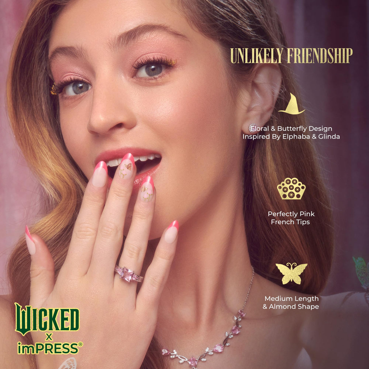 WICKED X imPRESS Press On Nails, New Improved Adhesive, Up To 10 Day Hold, ‘Unlikely Friendship’, Pink, Medium Almond, Includes 30 Fake Nails, 1 Prep