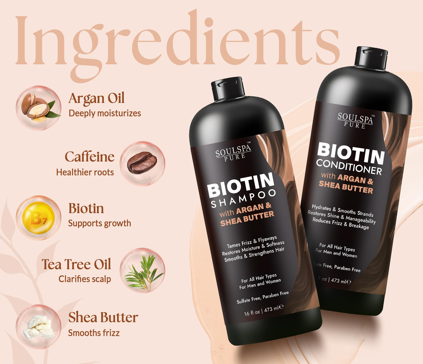 SOULSPA PURE Biotin Argan Oil Shampoo and Conditioner Set - Shea Butter Moisturizing Formula for Curly, Dry & Damaged Hair - Deep Hydration for Men Beauty & Personal Care SOULSPA PURE