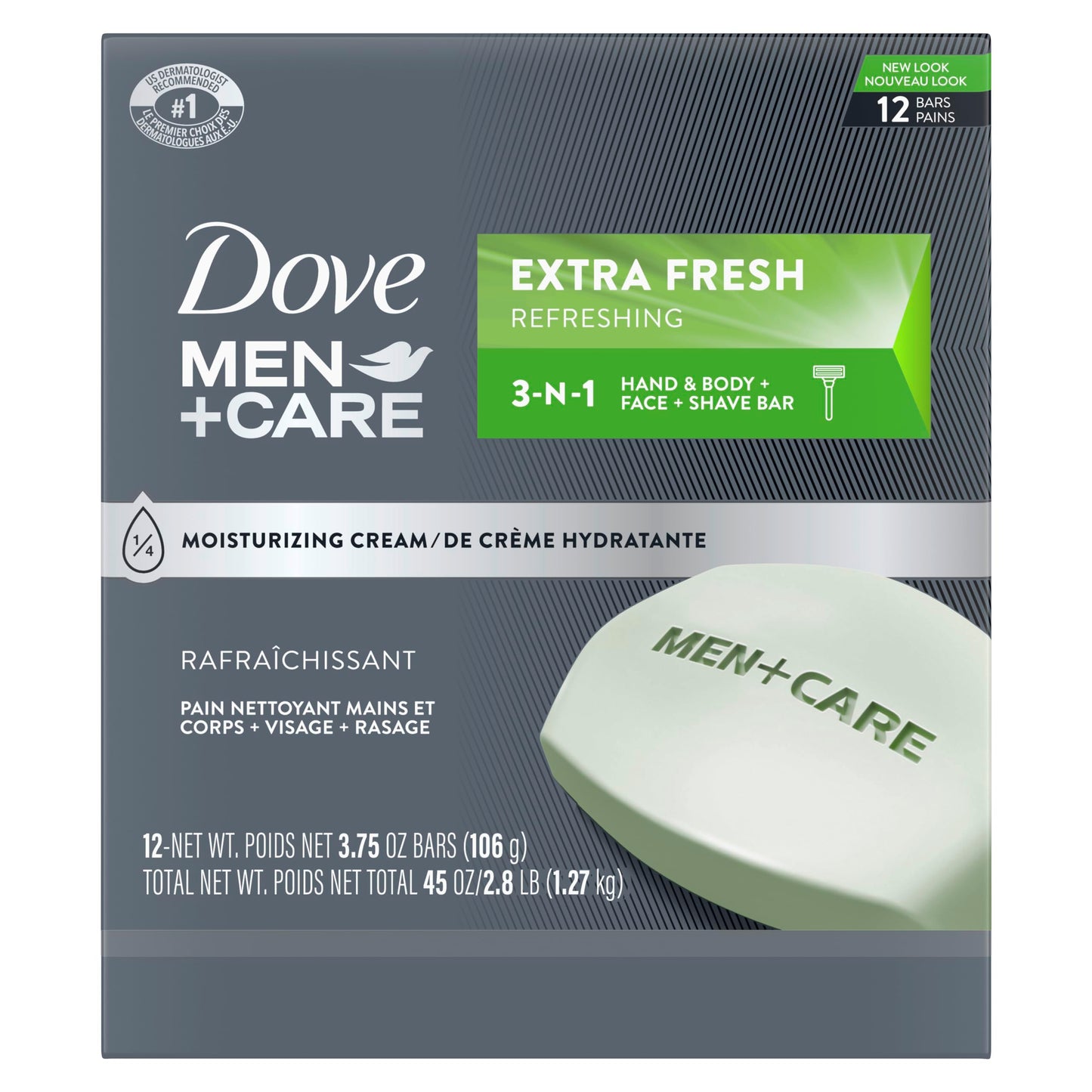 Dove Men+Care Hand & Body, Face & Shave Bar Soap for refreshed skin Extra Fresh soap bar with ¼ moisturizing cream 106 g Pack of 12 Beauty & Personal Care DOVE MEN + CARE