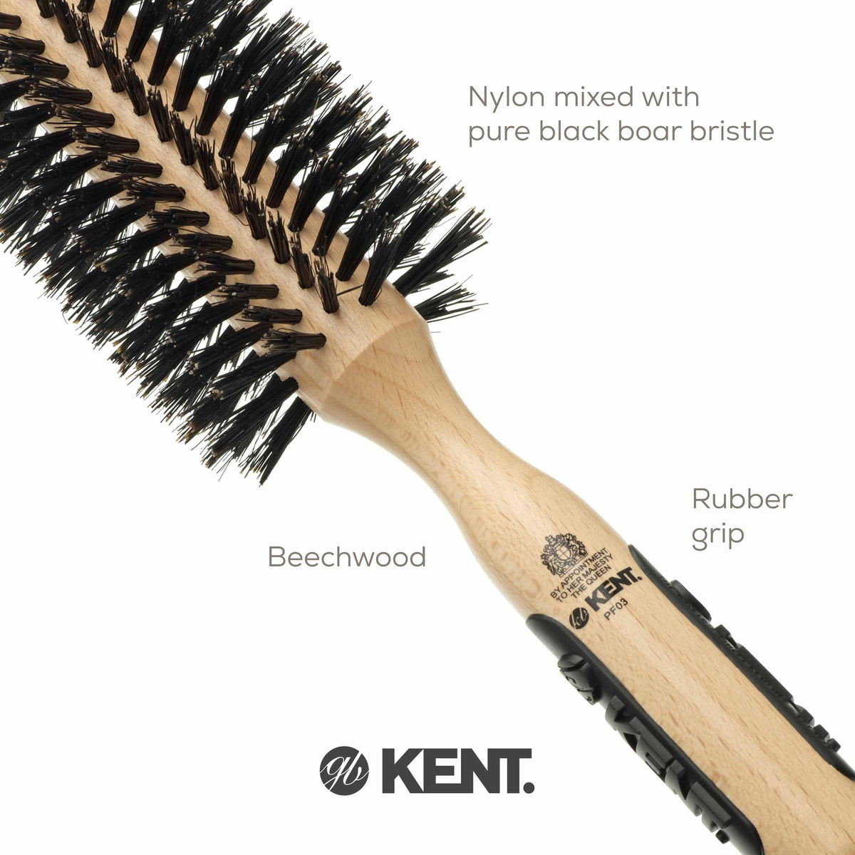 Kent PF03 Round Boar Bristle Hair Brush with Nylon Bristle Mix, Round HairBrush for Blow Drying and Blowout, for Shoulder Length or Short Hair, Rubber