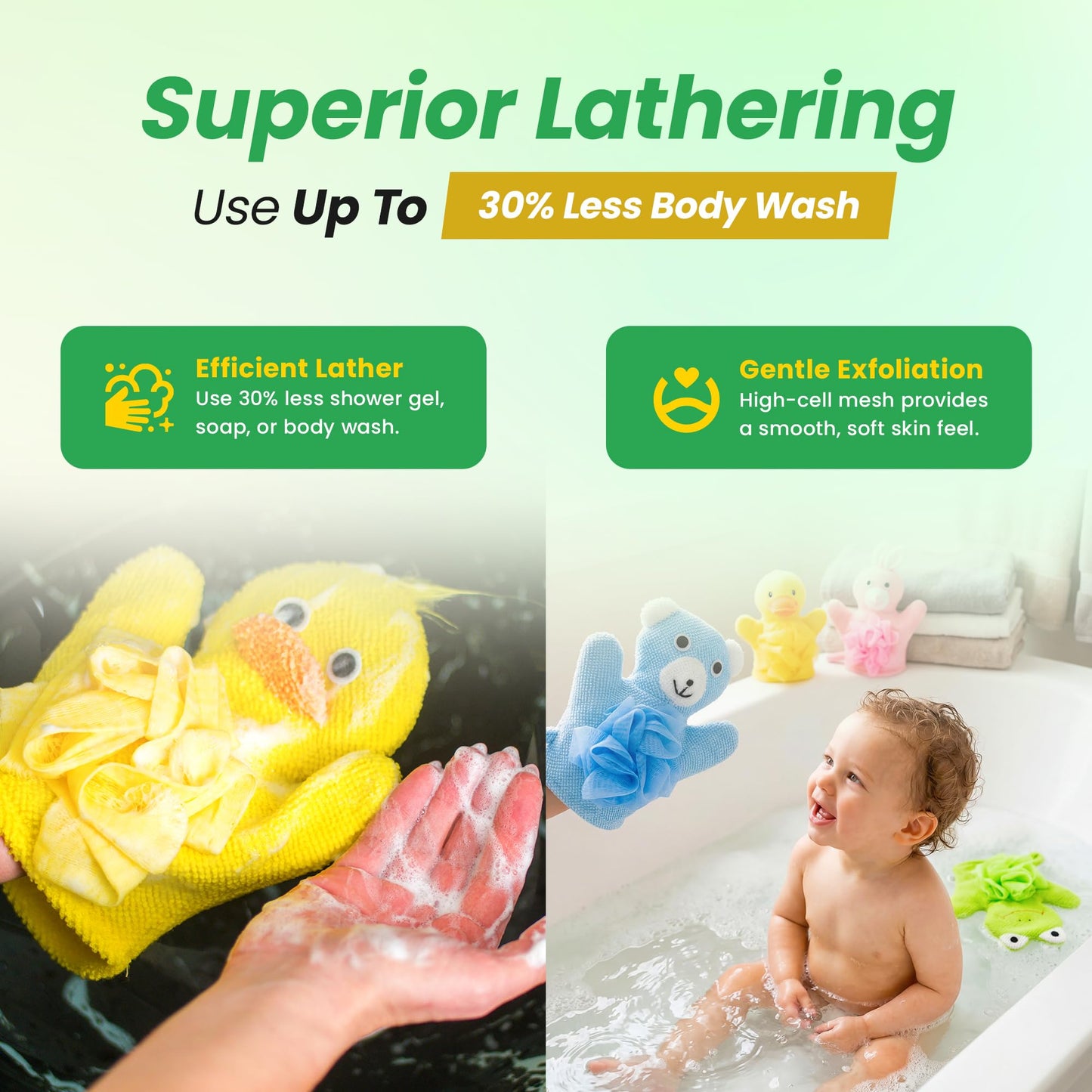 Made Easy Kit Hand Puppet Bath Wash Mitt Towel with Animal Designs with Loofahs for Fun Interactive Bathing Time (Green Yellow Pink Blue) Beauty and Personal Care Made Easy Kit