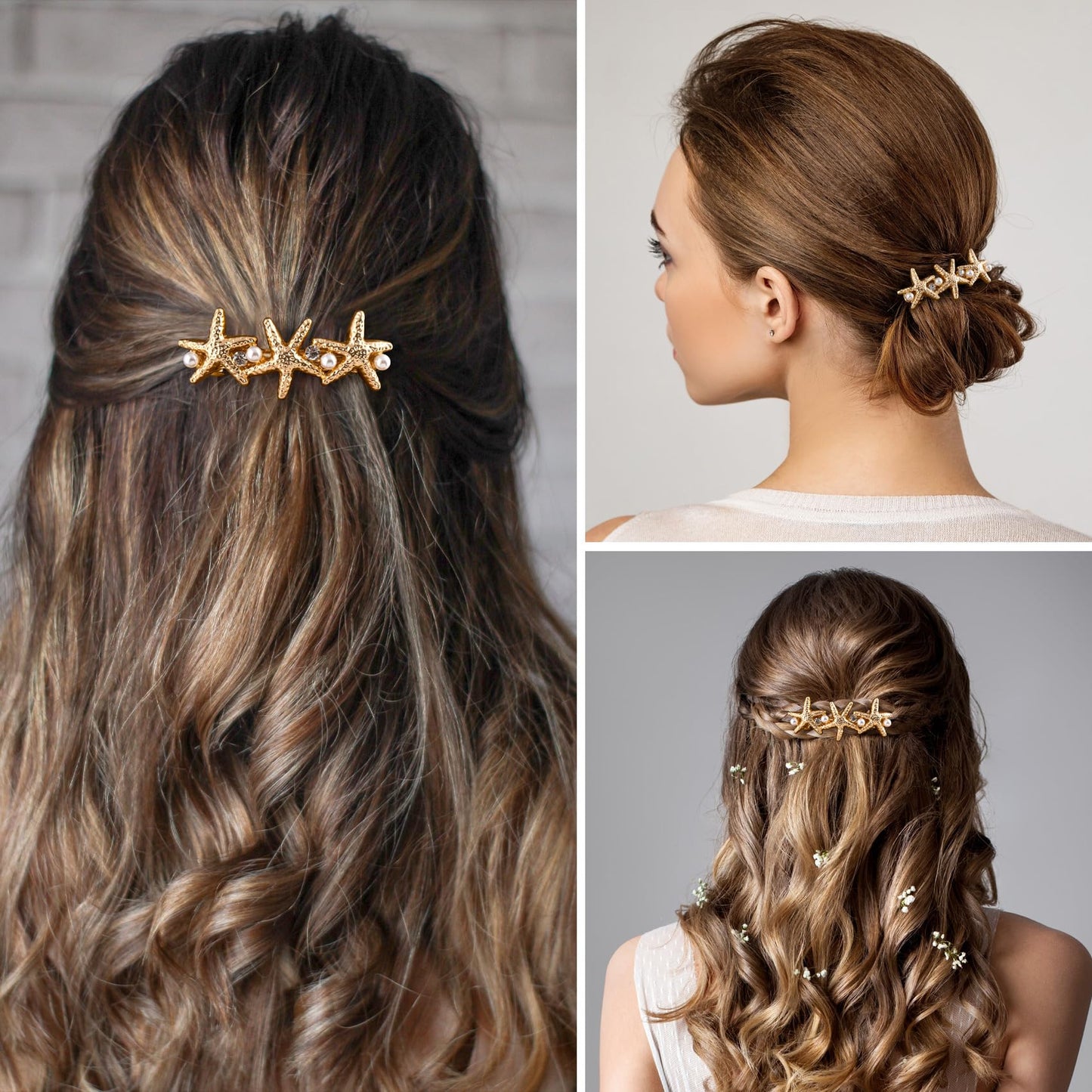 HINZIC 2Pcs 2.6inch Starfish Hair Clips Gold Crystal Rhinestone Pearl Hair Barrettes Sparkly Mermaid Seastar Halloween Christmas Wedding Prom Beauty & Personal Care HINZIC