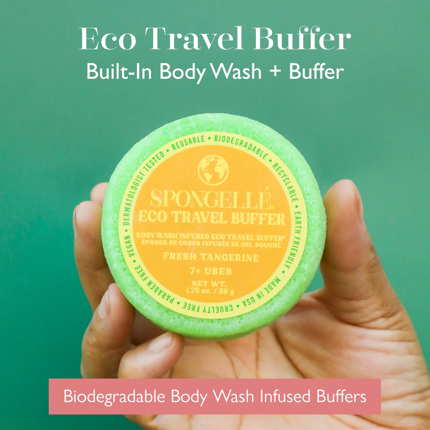 Spongelle Fresh Tangerine Eco Collection Travel Body Buffer Body Scrubber - Bath & Shower Loofah for Men & Women - Biodegradable, Cruelty-Free, Vegan Beauty and Personal Care SPONGELLÉ