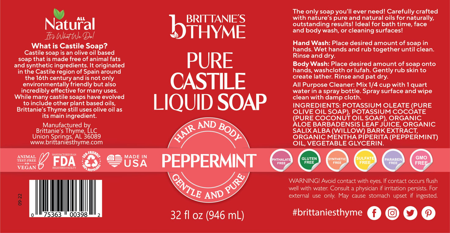 Brittanie’s Pure Castile Liquid Soap Refill, Peppermint, 32 Ounce | Dish Soap, Hair & Body, Home, Gentle and Pure, Made with Natural Luxurious Oils Beauty & Personal Care Brittanie's Thyme