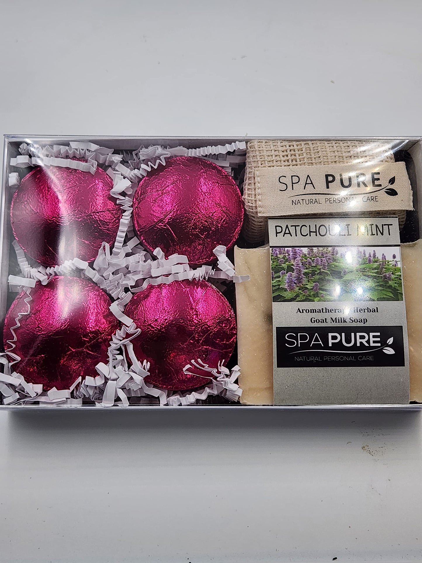 Spa Pure Aromatherapy Gift Set: Patchouli Mint Artisan soap, Shower Steamers, made with plant based ingredients, Cotton Soap & Steamer bag (Patchouli Beauty and Personal Care Spa Pure