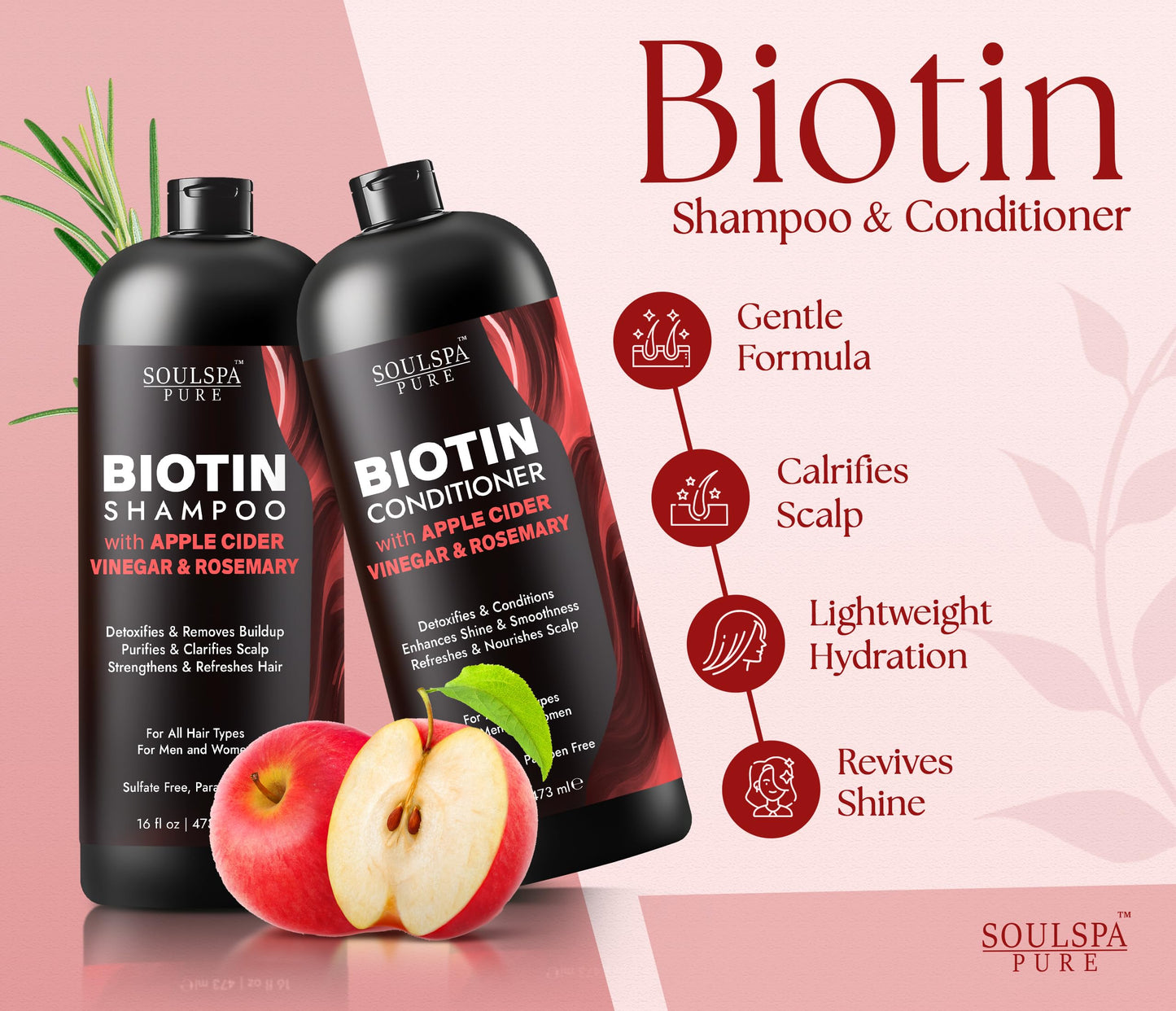 SOULSPA PURE Apple Cider Vinegar Biotin Shampoo and Conditioner Set - ACV Clarifying Scalp Care with Rosemary Oil & Keratin - Sulfate Free for Oily Beauty & Personal Care SOULSPA PURE