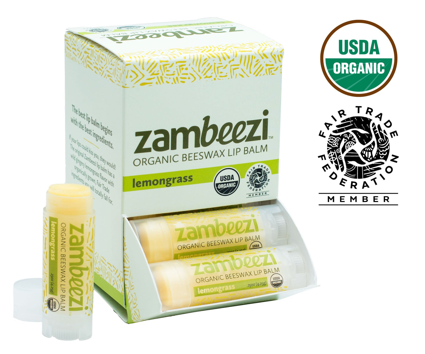 Case of Beeswax Lip Balm by ZAMBEEZI - Lemongrass 24-Tube Carton - Crafted with USDA Organic, Fair Trade, Lip Refreshing Ingredients from Zambia Beauty and Personal Care Case