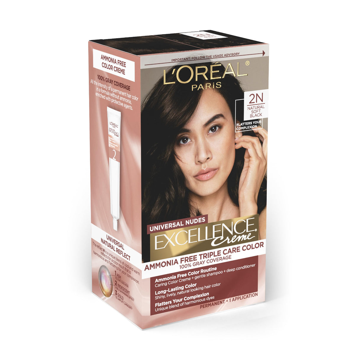 L’Oreal Paris Excellence Universal Nudes Permanent Hair Color, Ammonia Free Hair Dye for Gray Hair Coverage, 2N Natural Soft Black, 1 Hair Dye Kit