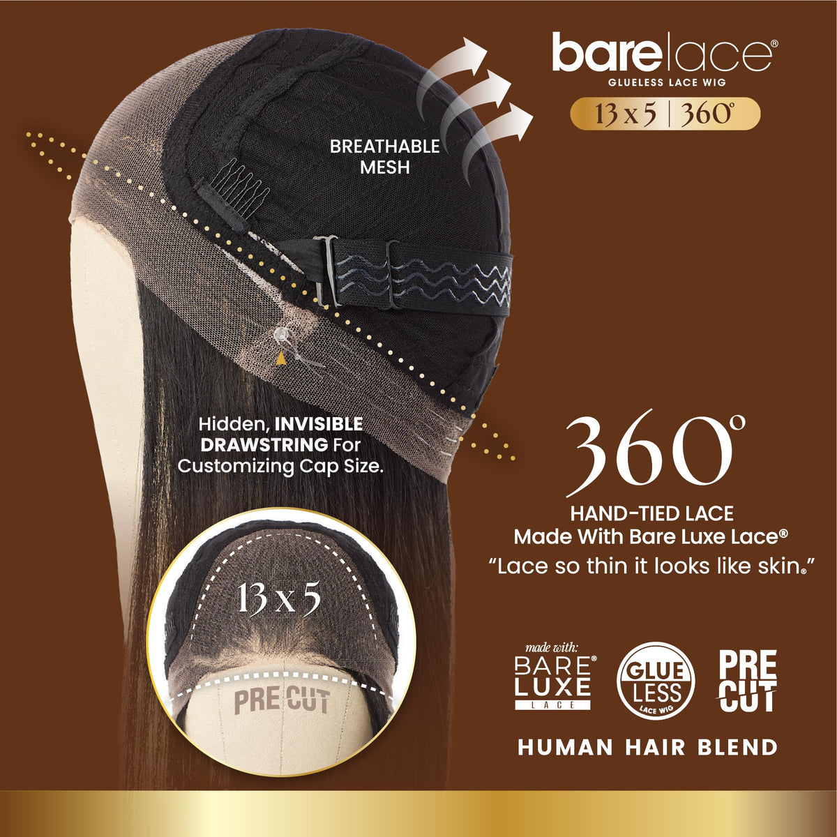 Sensationnel Barelace 13x5 360 LaceWig-Unit 1, 2 DARKBROWN