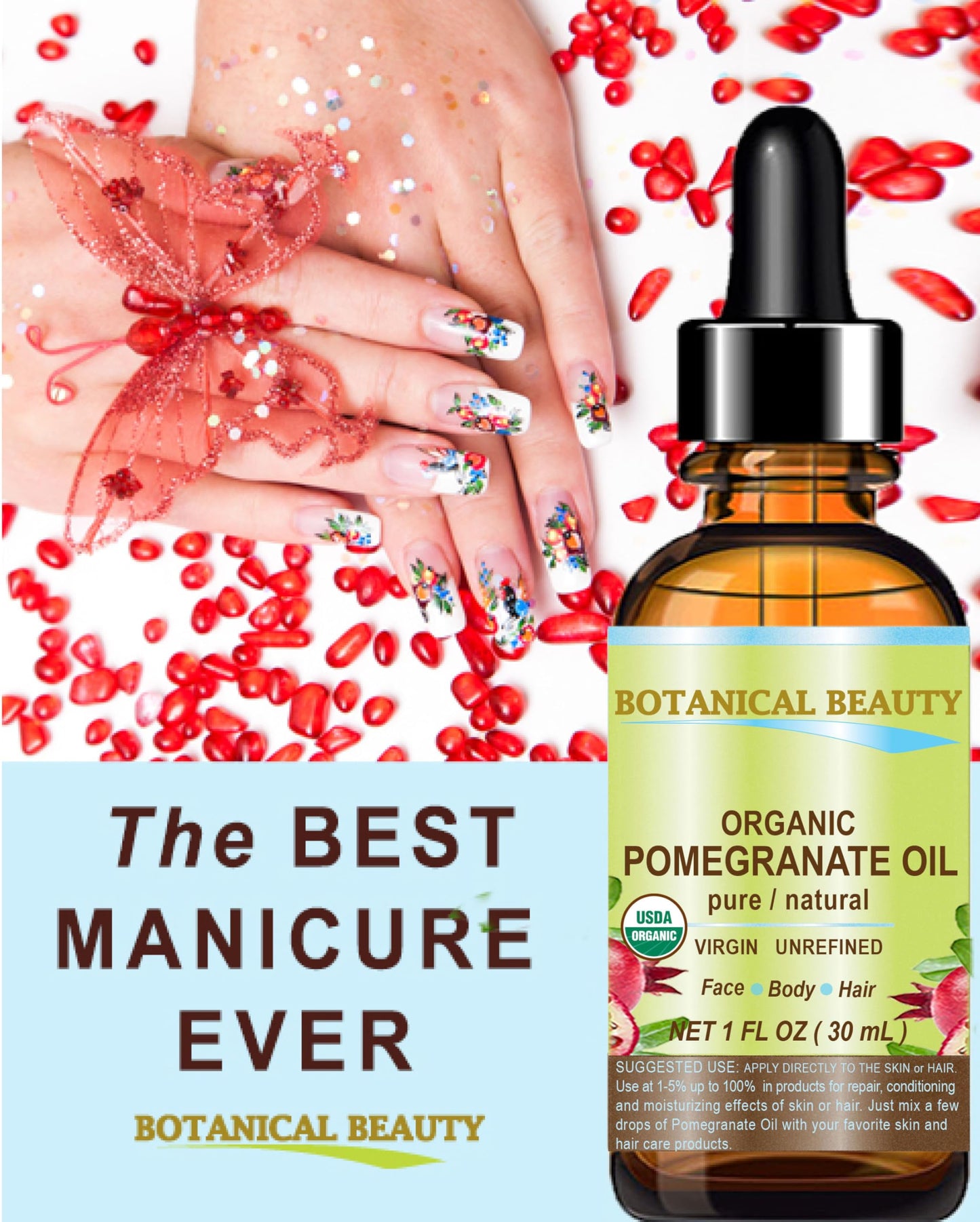 Botanical Beauty Organic POMEGRANATE OIL 100% Pure Natural Virgin Unrefined Cold-Pressed Carrier Oil 0.5 Fl oz 15 ml for Face, Skin, Body, Hair, Lip Beauty & Personal Care Botanical Beauty