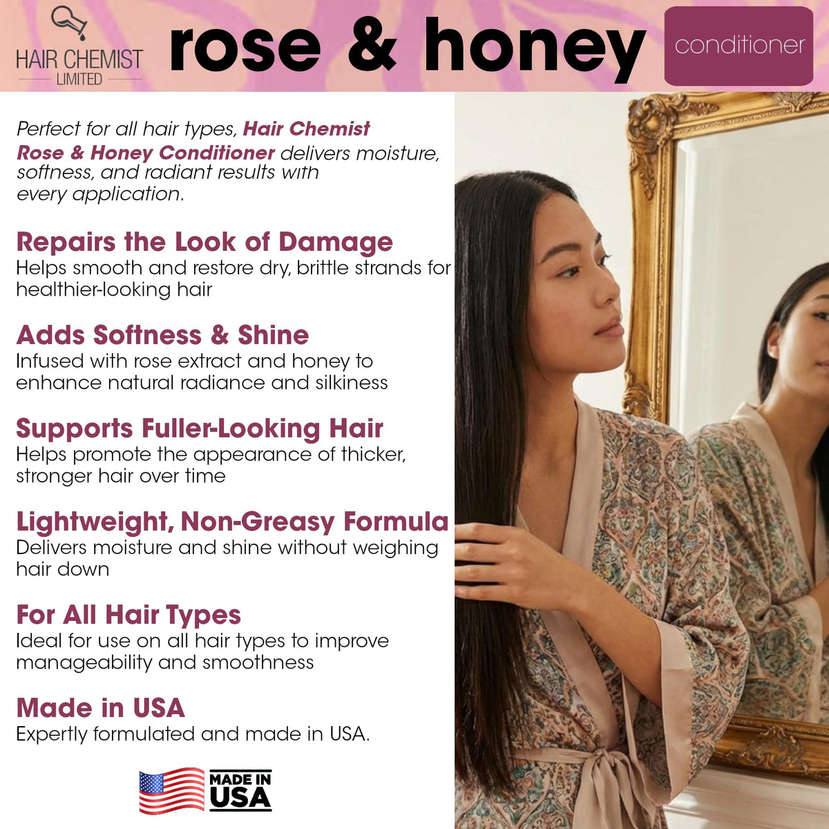 Hair Chemist Rose & Honey Conditioner 33.8 oz. - Nourishing Conditioner for Damaged Hair, Adds Softness & Shine while Promoting Growth
