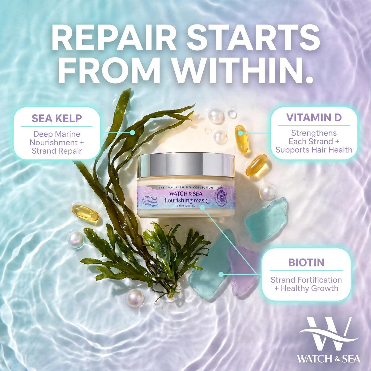 Watch & Sea Deep and Continuous Flourishing Hair Mask - Deep Conditioning Hair Mask for All Hair Types - Infused with Seaweed and Sea Kelp - 8 oz