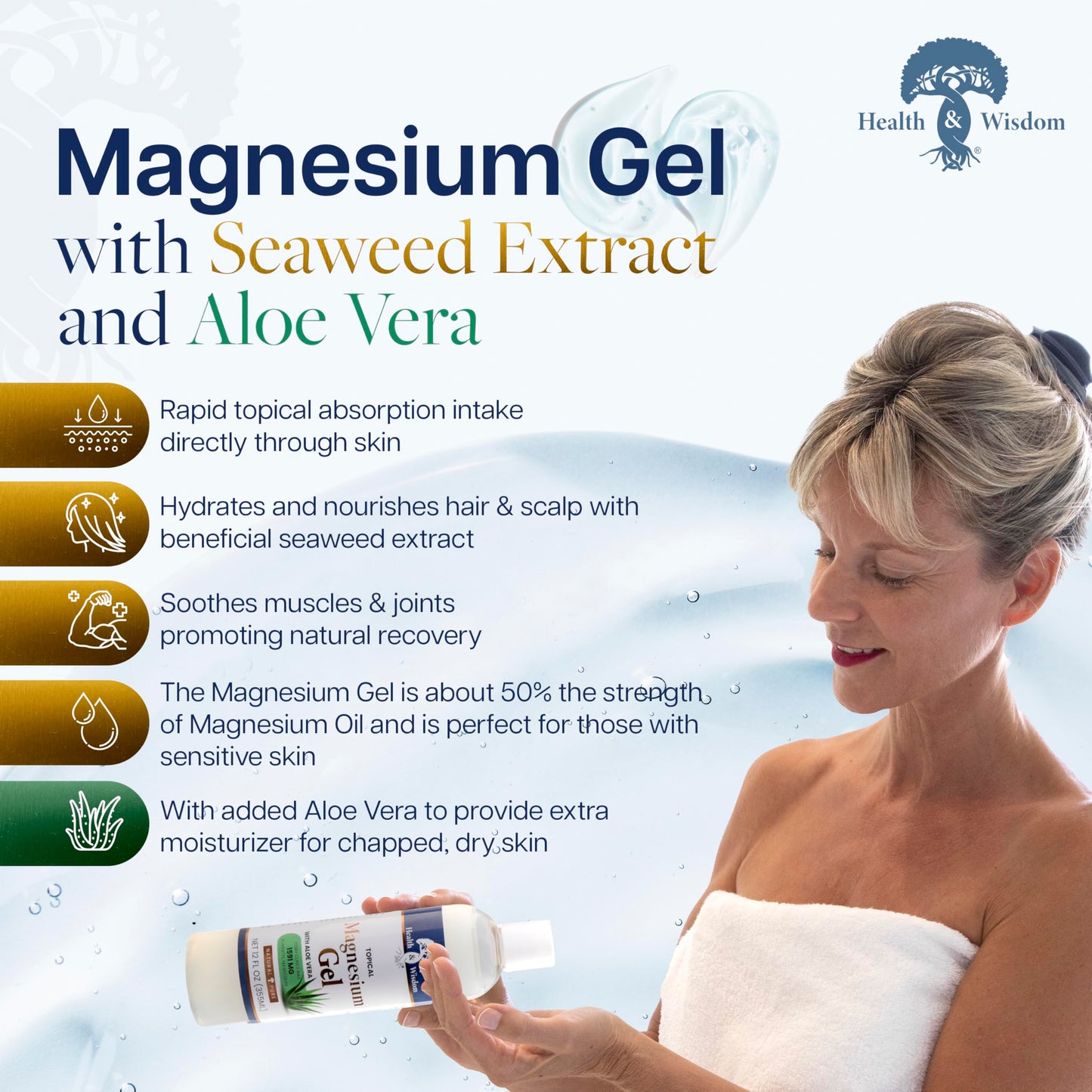 Health & Wisdom Pure Magnesium Gel with Seaweed Extract and Aloe Vera - USP Grade Topical Muscle & Joint Relief- Natural and Pure Skin & Scalp Beauty & Personal Care Health and Wisdom