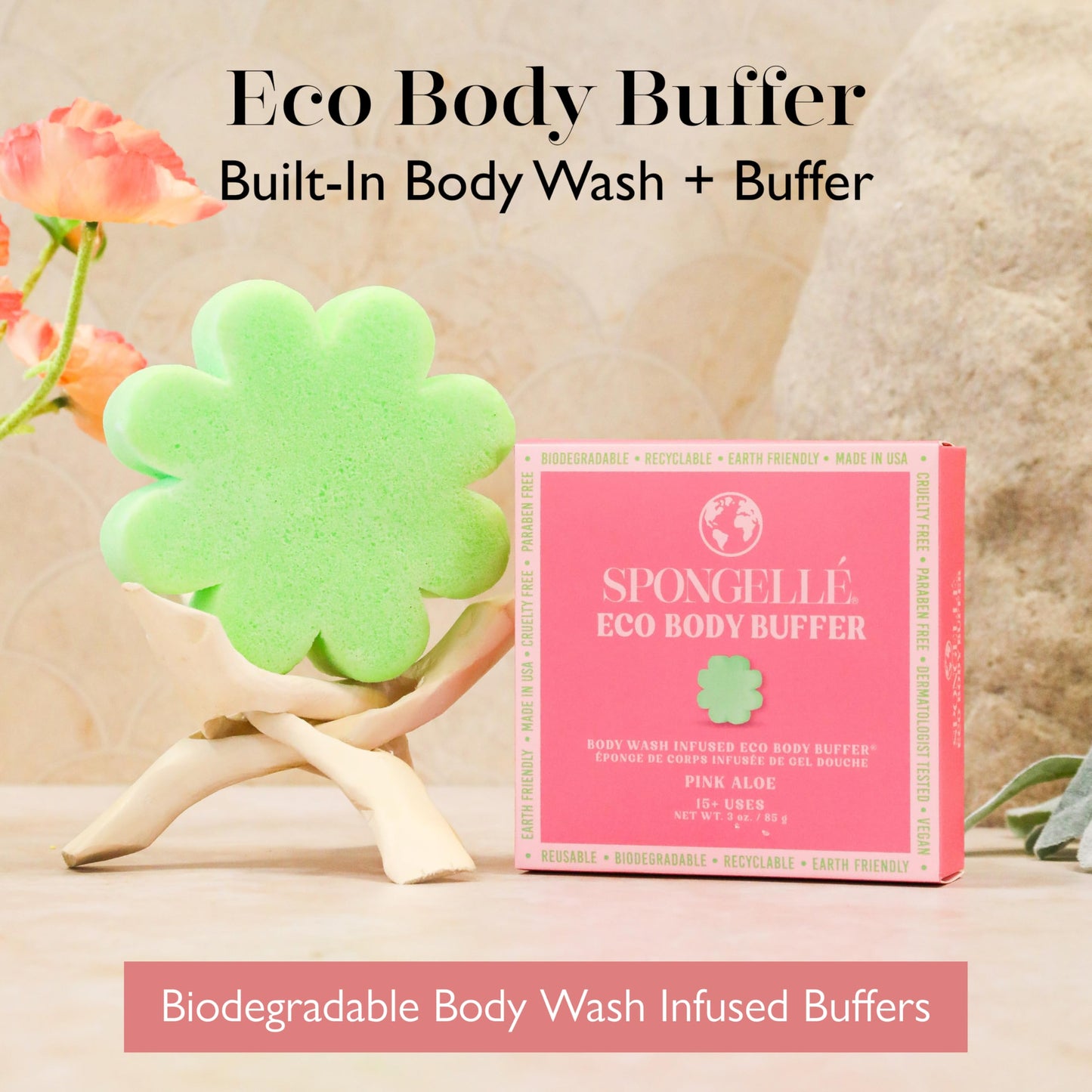 Spongelle Pink Aloe Eco Collection Body Buffer Body Scrubber - Bath & Shower Loofah for Men & Women - Biodegradable, Cruelty-Free, Vegan Beauty and Personal Care SPONGELLÉ