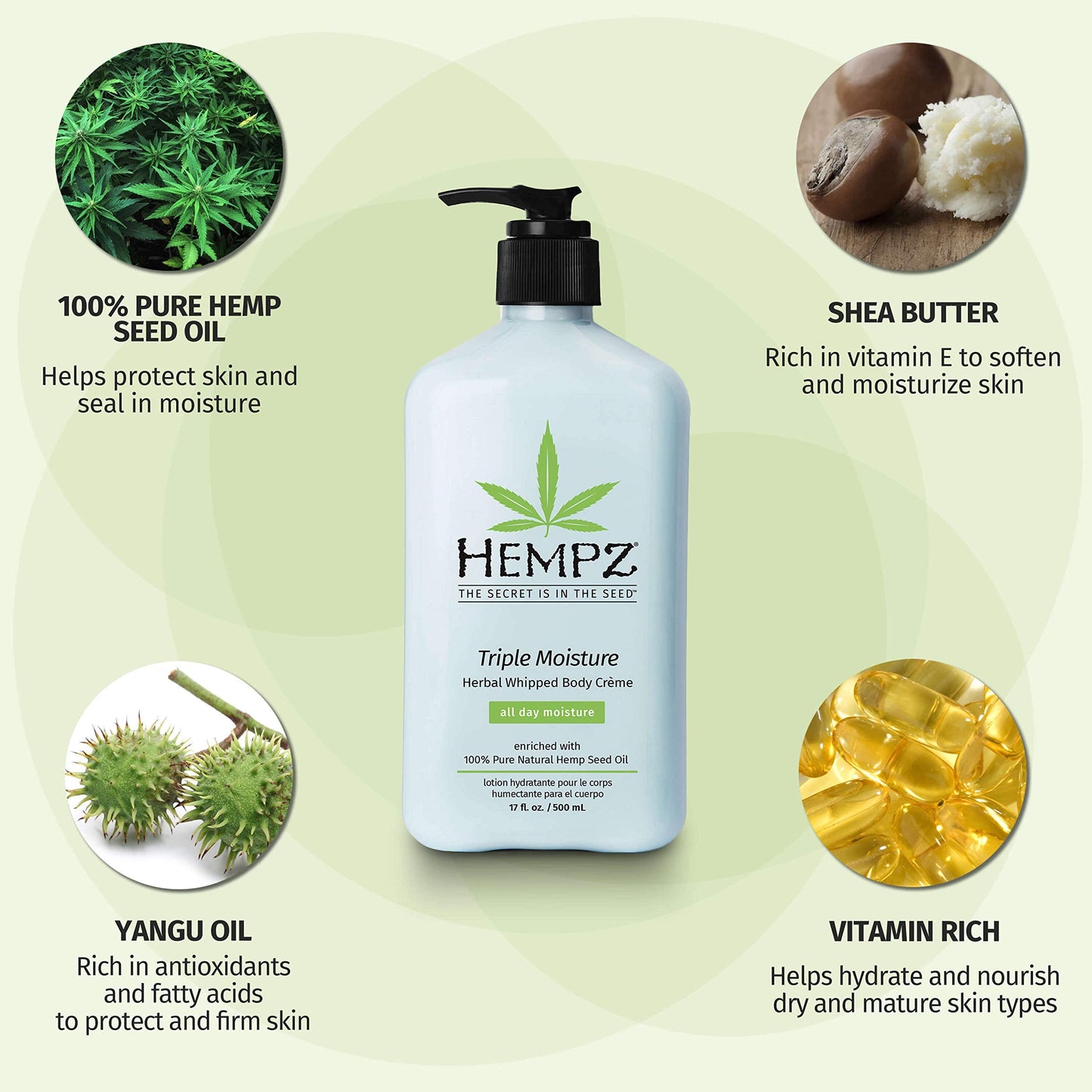 Hempz Natural Triple Moisture Herbal Whipped Body Cream with 100% Pure Hemp Seed Oil for 24-Hour Hydration, Moisturizing Vegan Skin Lotion with Yangu Beauty & Personal Care Hempz