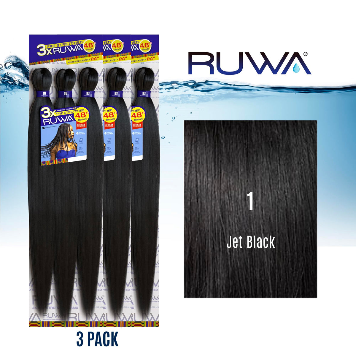 Sensationnel Ruwa Prestretched Braiding Hair-3X 48 Inch,3 pack 1 JETBLACK