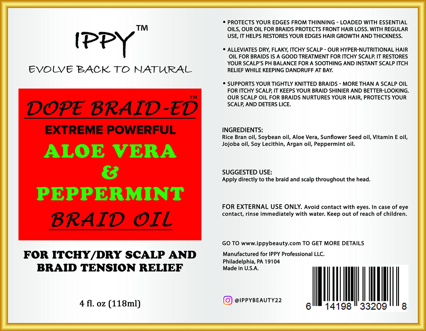 IPPY DOPE BRAID~ED ALOE VERA & PEPPERMINT BRAID OIL 4oz Beauty & Personal Care IPPY BEAUTY