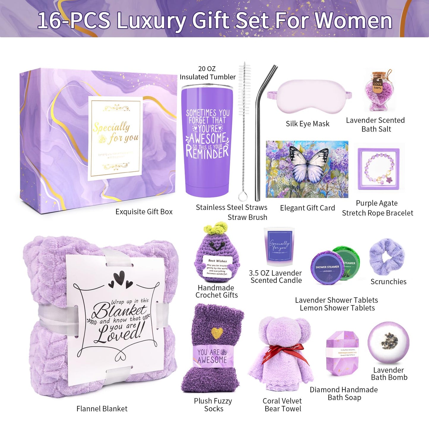Spa Gifts for Women, Lavender 16 Pcs Mothers Day Gifts for Mom Wife Friend Daughter Sister, Self Care Gift Baskets for Women, Thank You, Get Well Beauty and Personal Care Betem