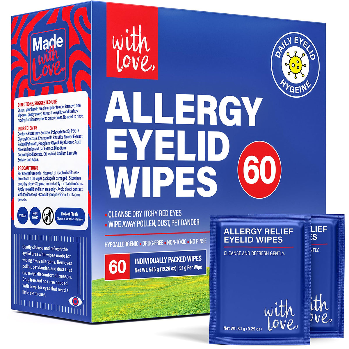 Allergy Eye Wipes for Dry Itchy Red Eyes 60 Count | Drug Free Eye Wipes for Pollen Pets & Seasonal Allergies | Hyaluronic Acid, Chamomile & Aloe |