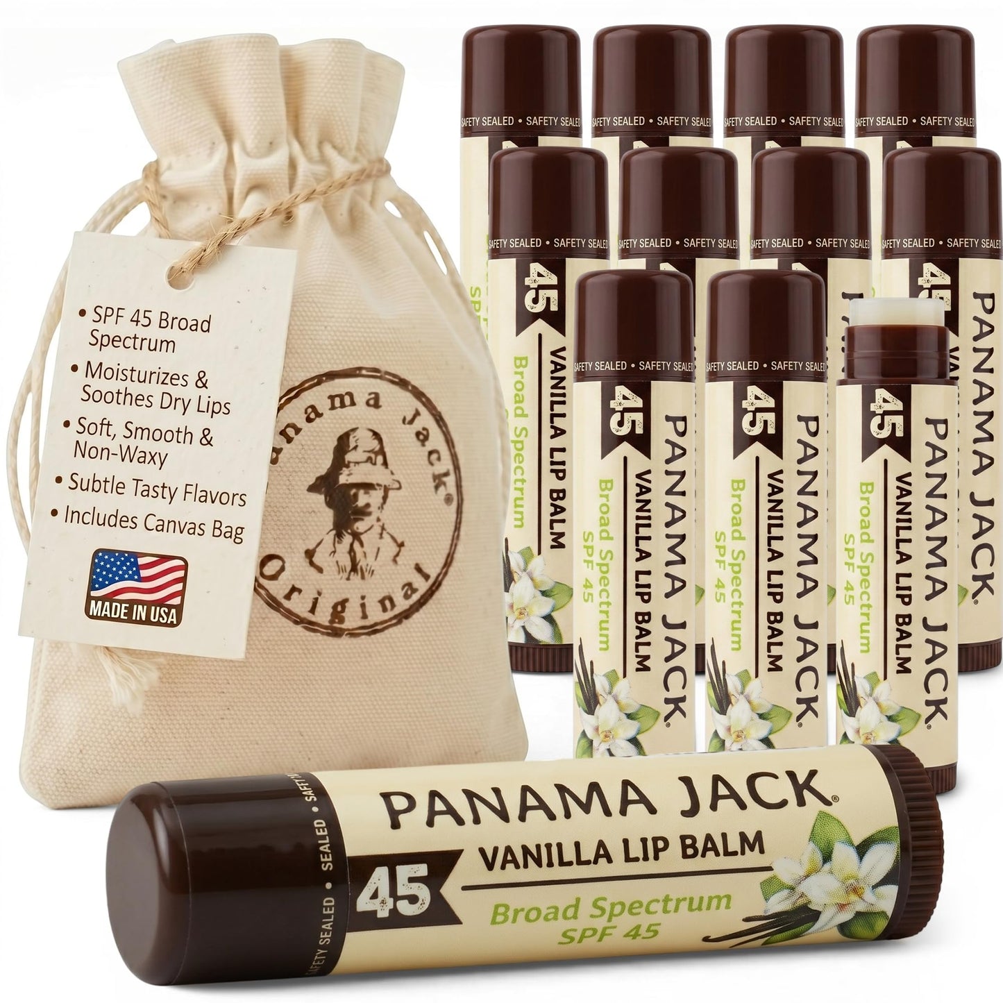 Panama Jack Sunscreen Lip Balm - SPF 45, Broad Spectrum UVA-UVB Sunscreen Protection, Prevents & Soothes Dry, Chapped Lips, Vanilla, 12-pack Beauty and Personal Care Panama Jack