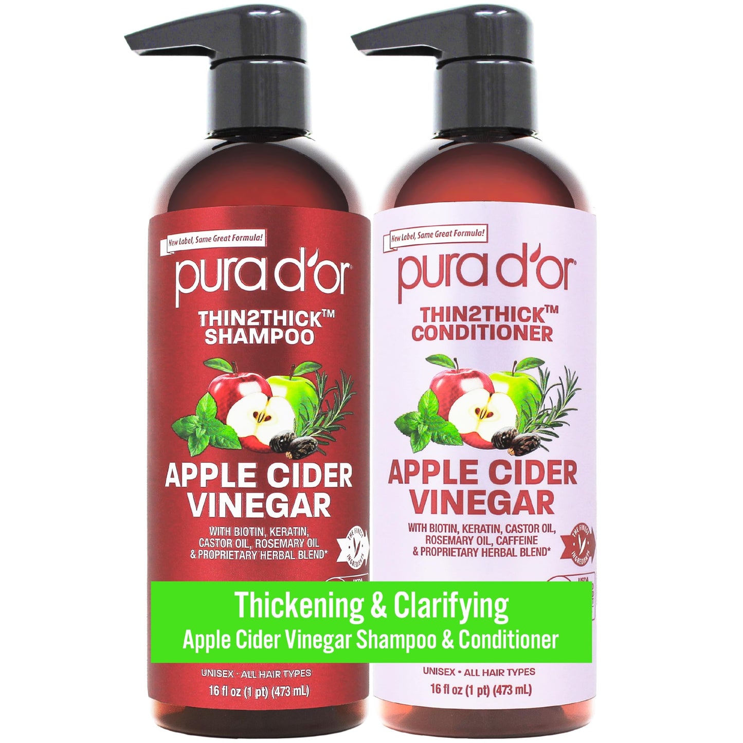 PURA D'OR Apple Cider Vinegar Thin2Thick Set Shampoo Conditioner for Regrowth, Hair Loss, Clarifying, Detox (2 x 16oz) Biotin, Keratin, Caffeine Beauty & Personal Care PURA D'OR