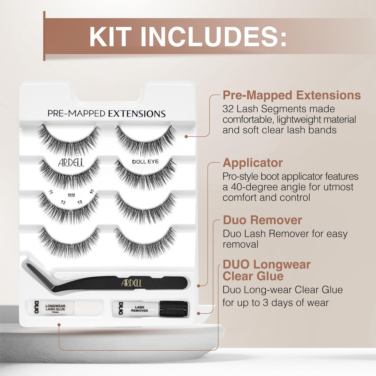 Ardell Pre-Mapped Eyelash Extensions Kit - False Lashes Doll Eye, Reusable Segmented Lash Strips, Long-Lasting with Glue and Remover, 4 Pack