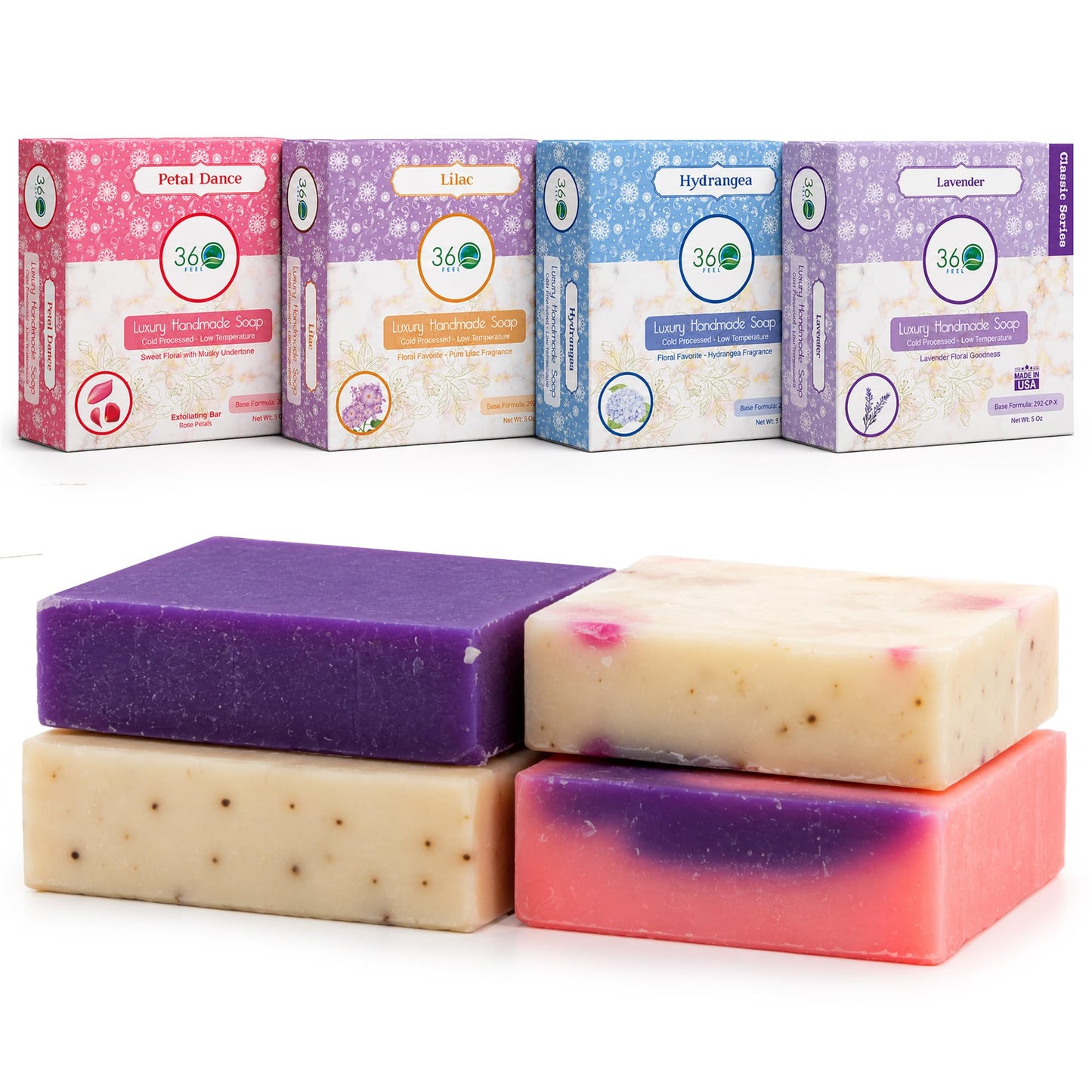 360 Feel - Floral Bar Soap Set - Made in the USA - Castile Handmade All Natural Cold Processed - Infused with Lavender, Lilac , Hydrangea & Petal Beauty & Personal Care 360Feel