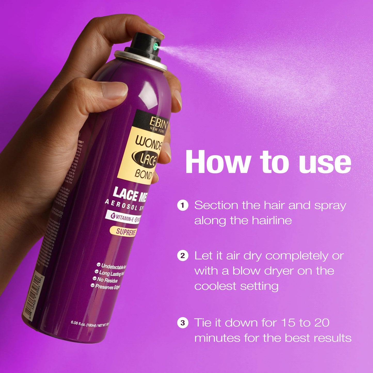 Wonder Lace Melt Aerosol Spray - Vitamin E Biotin Infused 2.7 fl.oz./80ml Preserves Edges & Undetectable Lace Long lasting hold No Residue glueless Beauty & Personal Care WONDER LACE BOND