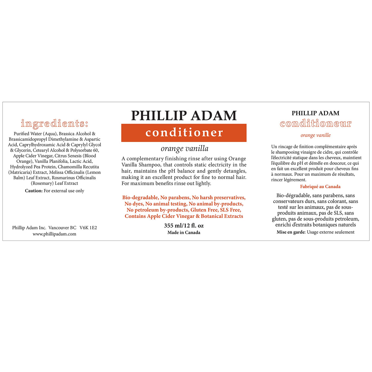 Phillip Adam Orange Vanilla Conditioner for Smooth and Shiny Hair - No Harsh Chemicals - Safe for Color Treated Hair - Delicious Natural Scent - 12