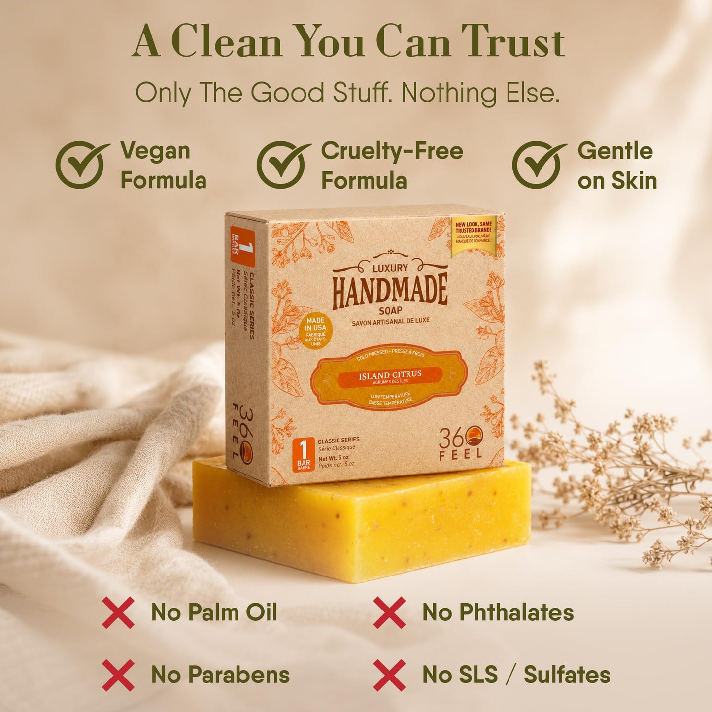 360Feel Island Citrus Soap - Made in the USA - Castile Handmade, All-Natural, Cold-Processed - Infused with Island Citrus for a Tropical Scent - Rich Beauty & Personal Care 360Feel