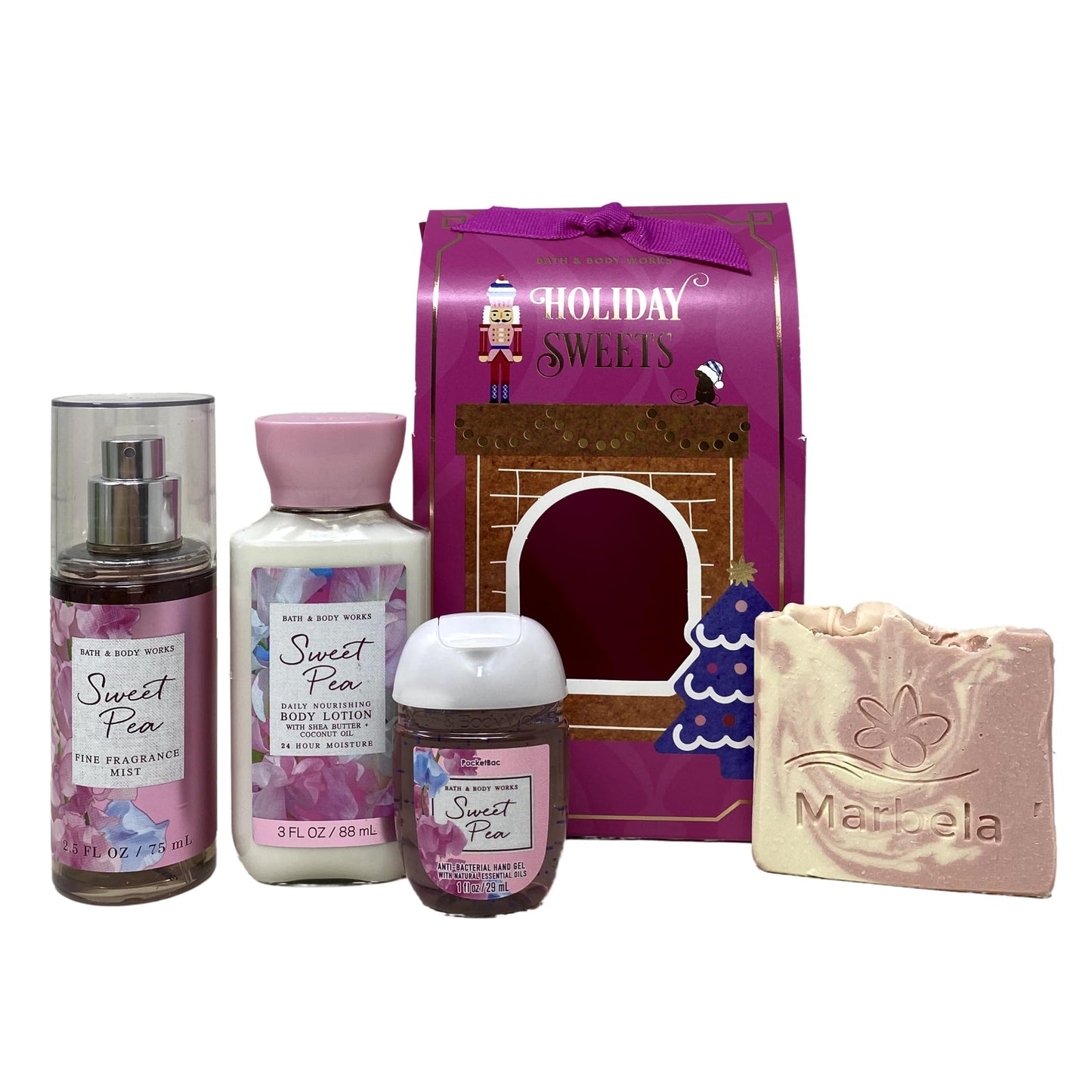 Bath & Body Works Sweet Pea - Holiday Sweets Mini Gift Set - With a Marbela Himalayan Salts Springs Sample Soap. Beauty and Personal Care Bath & Body Works