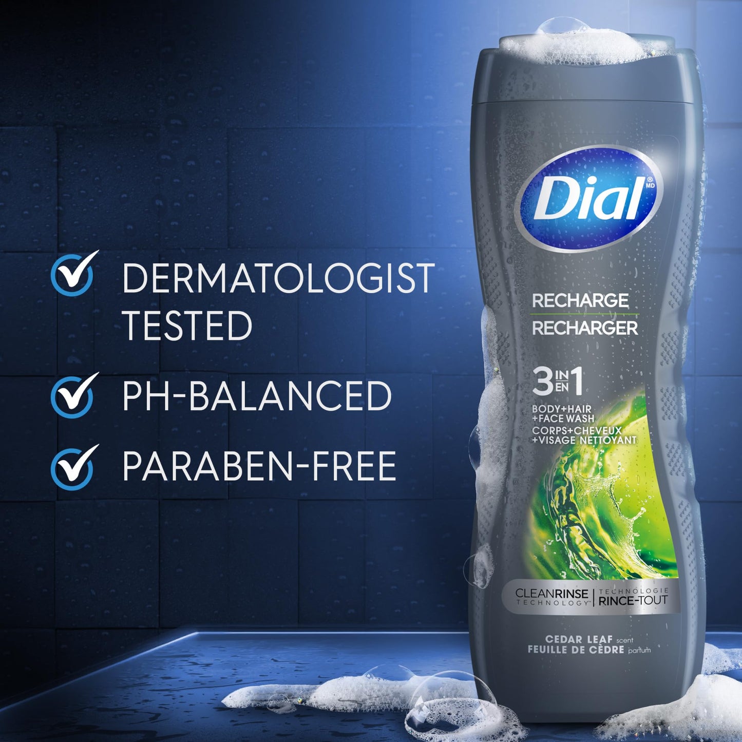 Dial Men 3 in 1 Body, Hair and Face Wash, Recharge, 16 Fl Oz (Pack of 4), Cedar Leaf Scent, Cleanses Deep + Gentle on Skin with Clean Rinse Technology Beauty & Personal Care Dial