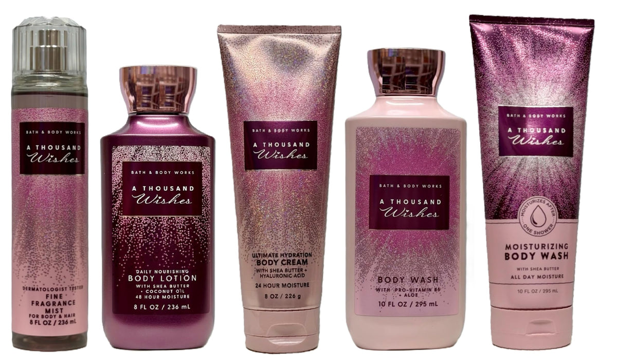 Bath and Body Works A Thousand Wishes 5 Piece Body Care Set - Mist, Body Cream, Shower Gel, Body Lotion, and Moisture Body Wash - Full Size