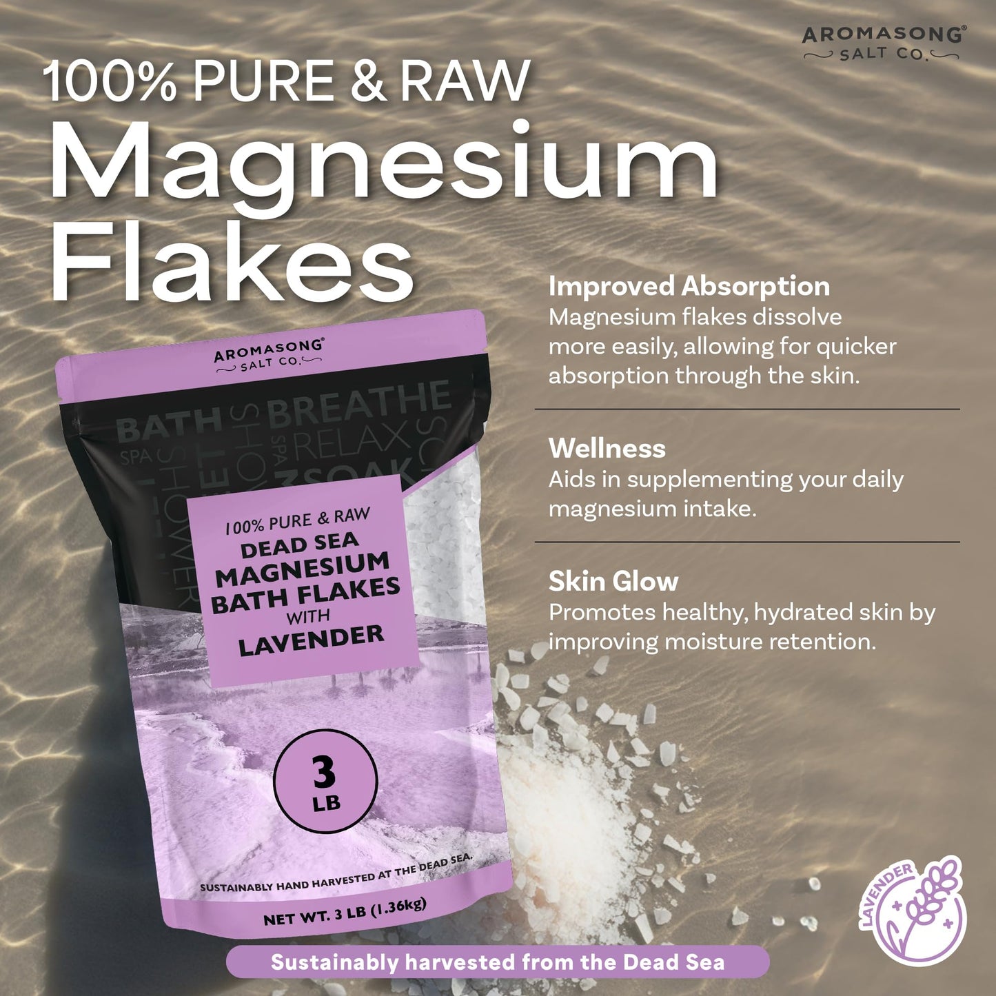 Aromasong RAW Magnesium Bath Flakes with 100% Natural Lavender, 3 LB Muscle Relaxing Organic Salts Mg Chloride, Mineral Soak. (Packaging May Vary) Beauty & Personal Care Aromasong