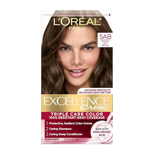L'Oreal Paris Excellence Crème Permanent Hair Dye, Triple Care Hair Color with Hyaluronic Acid for 100% Gray Coverage, 5AB Mocha Ash Brown, 1 Kit Beauty & Personal Care L'Oreal Paris
