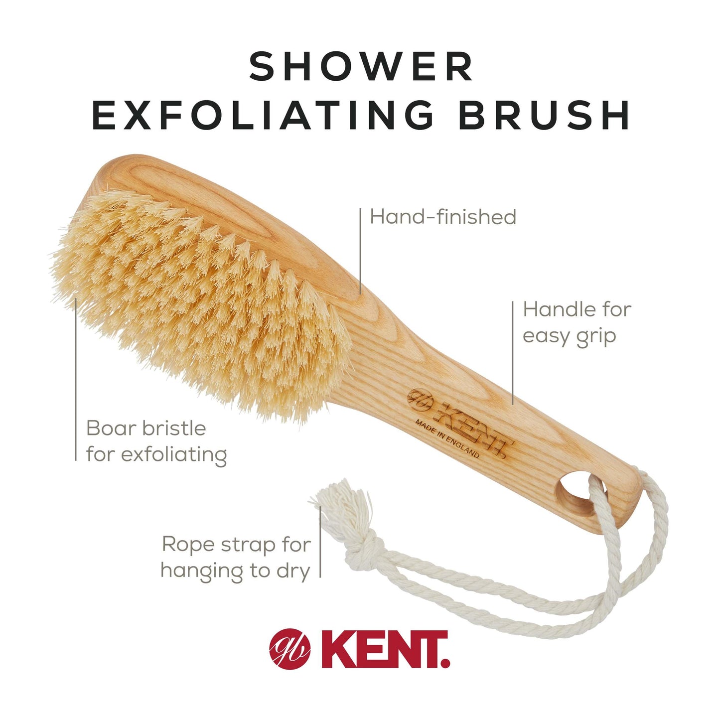 KENT FD6 9" Beechwood Wood Short Handle Shower Bath Body Brush. for Skin Exfoliate & Massage. 100% White Boar Bristles. Best Body, Foot and Leg Beauty and Personal Care KENT