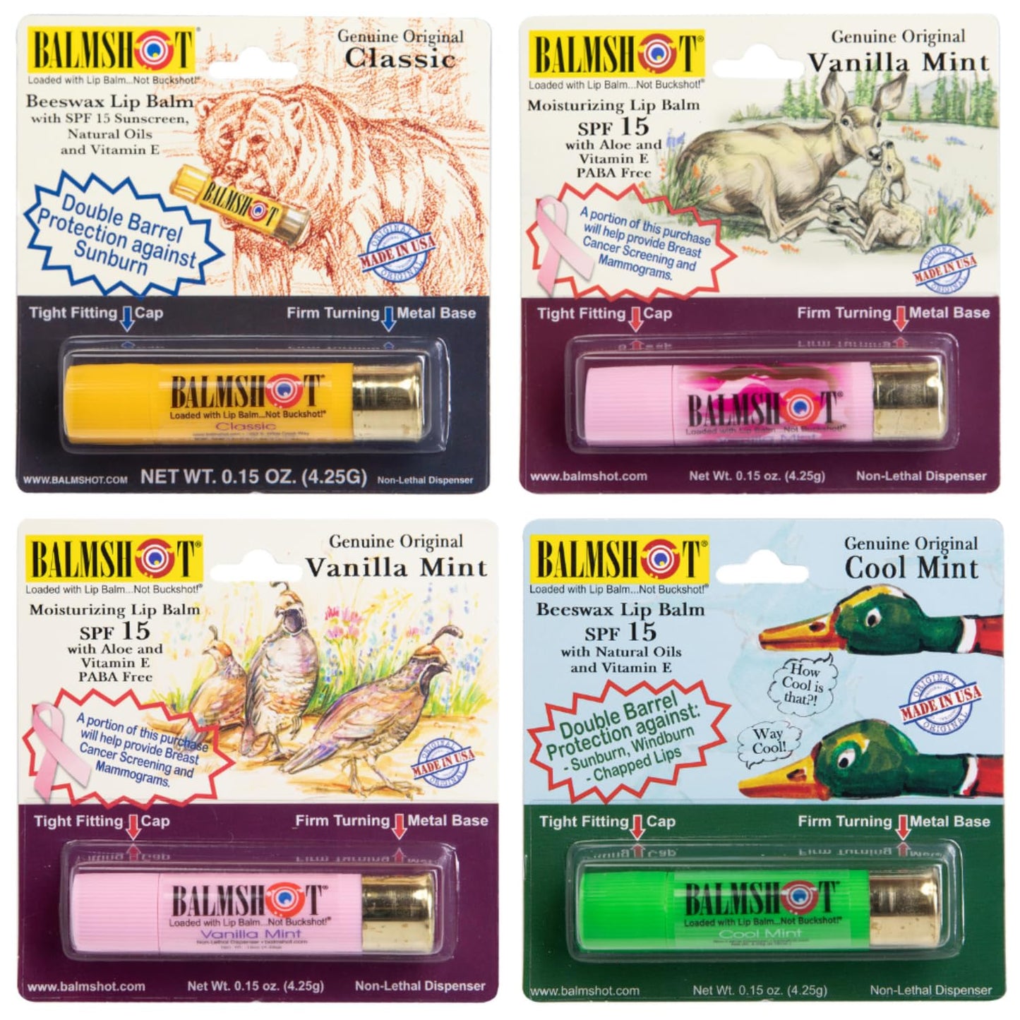 BALMSHOT Lip Balm 4-Pack - SPF 15 Beeswax Formula with Aloe & Vitamin E, PABA Free - Classic, Cool Mint, Vanilla Mint & Pink Camo Vanilla Mint Beauty and Personal Care Balmshot