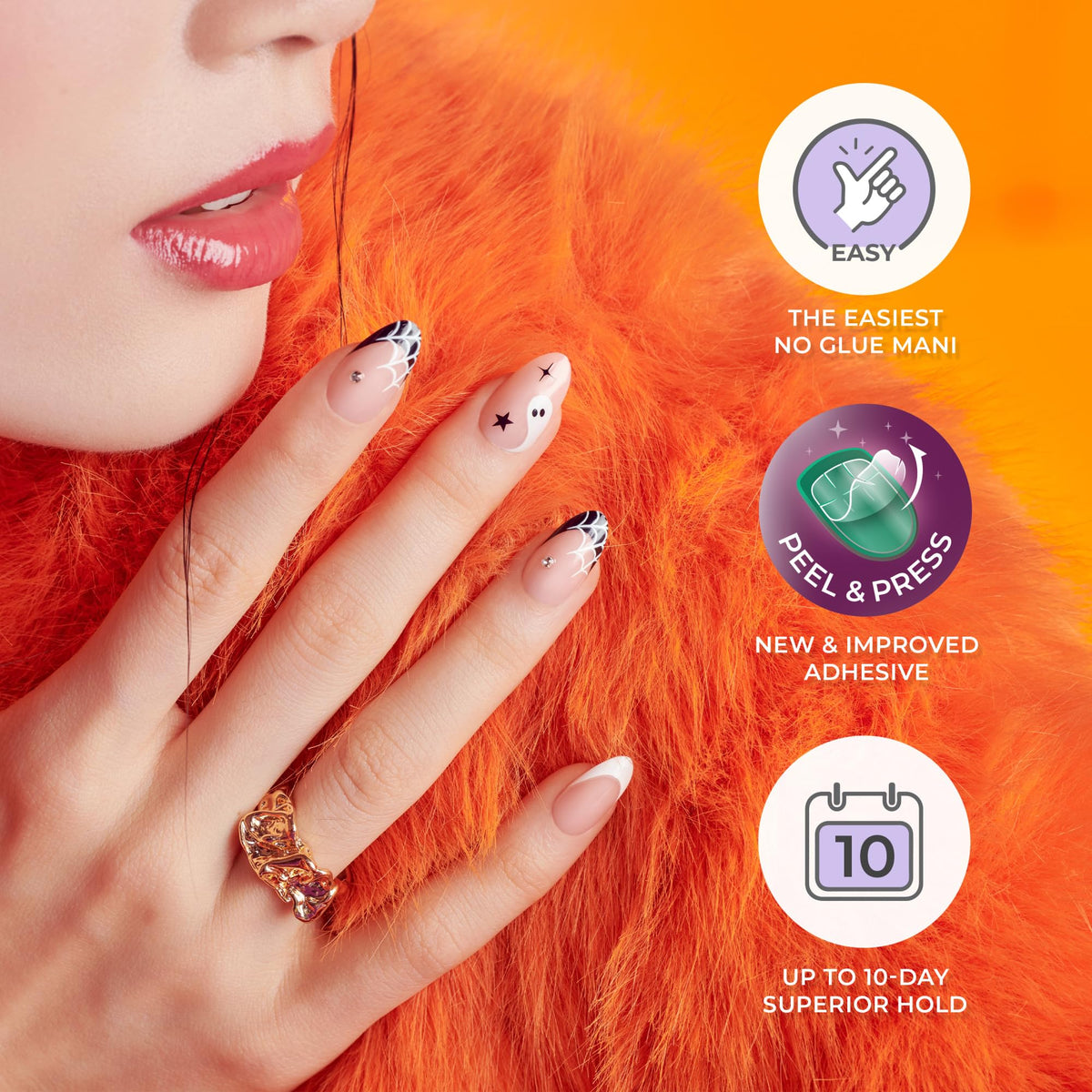 KISS imPRESS Halloween Press On Nails, ‘Coming Near’, Black, Short Squoval, Magnetic Powder Effect, No Glue, Glow-In-The-Dark, Includes Prep Pad, Mini