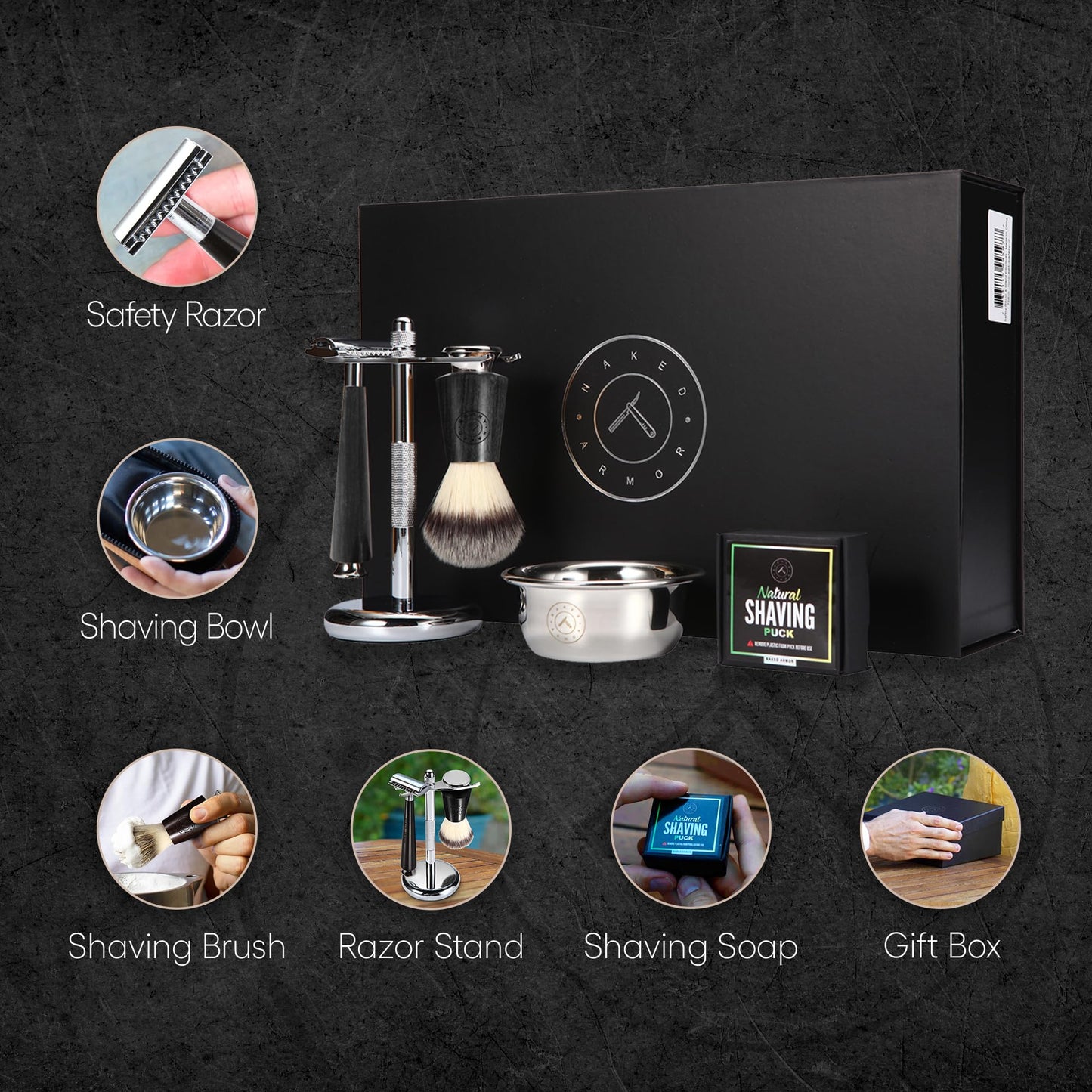 Naked Armor Safety Razor Kit for Men - Luxury Wet Shaving Set with Ebony Wood Double Edge Razor, Synthetic Shaving Brush, Razor Stand, Stainless Steel Beauty and Personal Care Naked Armor