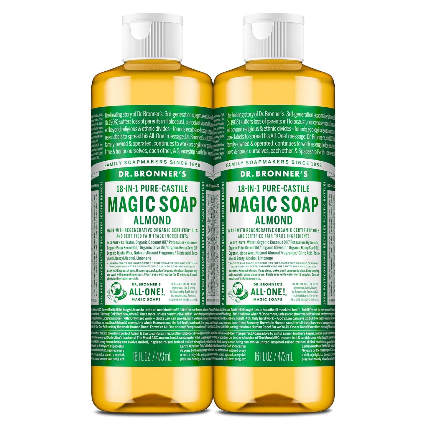 Dr. Bronner's Pure-Castile Magic Liquid Soap (Almond, 16 Ounce, 2-Pack)- Made with Regenerative Organic Certified Oils, 18-in1 Uses: Face, Hair, Hand Beauty & Personal Care Dr. Bronner's