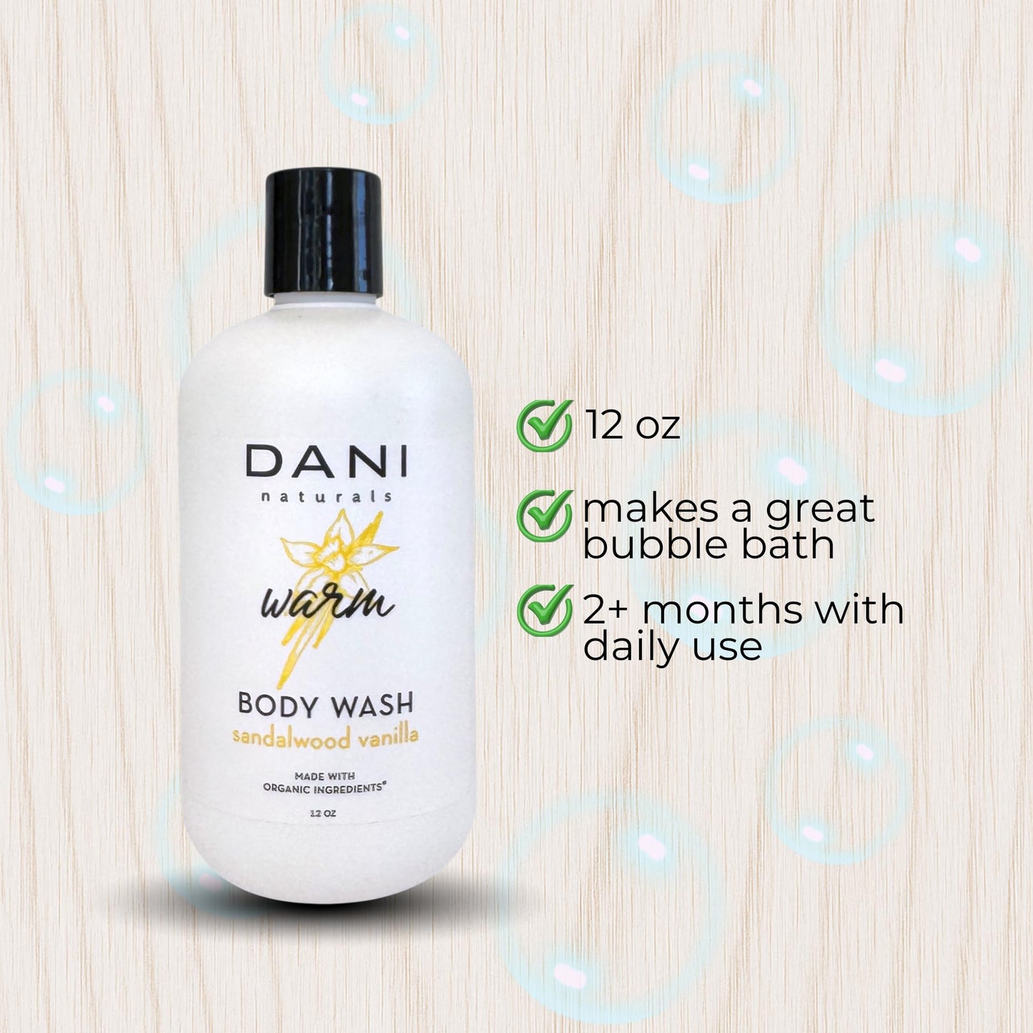DANI Naturals Sandalwood Vanilla Body Wash, Vegan, Sulfate-Free, Made with Organic Ingredients, 12 fl oz Beauty & Personal Care DANI