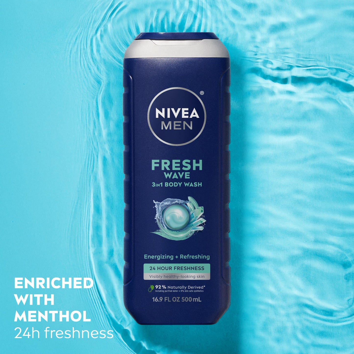 NIVEA MEN Fresh Wave Body Wash with Menthol, Refreshing Scent, 3-in-1 Men's Body Wash, Face and Hair, Paraben Free, Vegan Formula, 16.9 Fl Oz Bottle Beauty & Personal Care NIVEA MEN