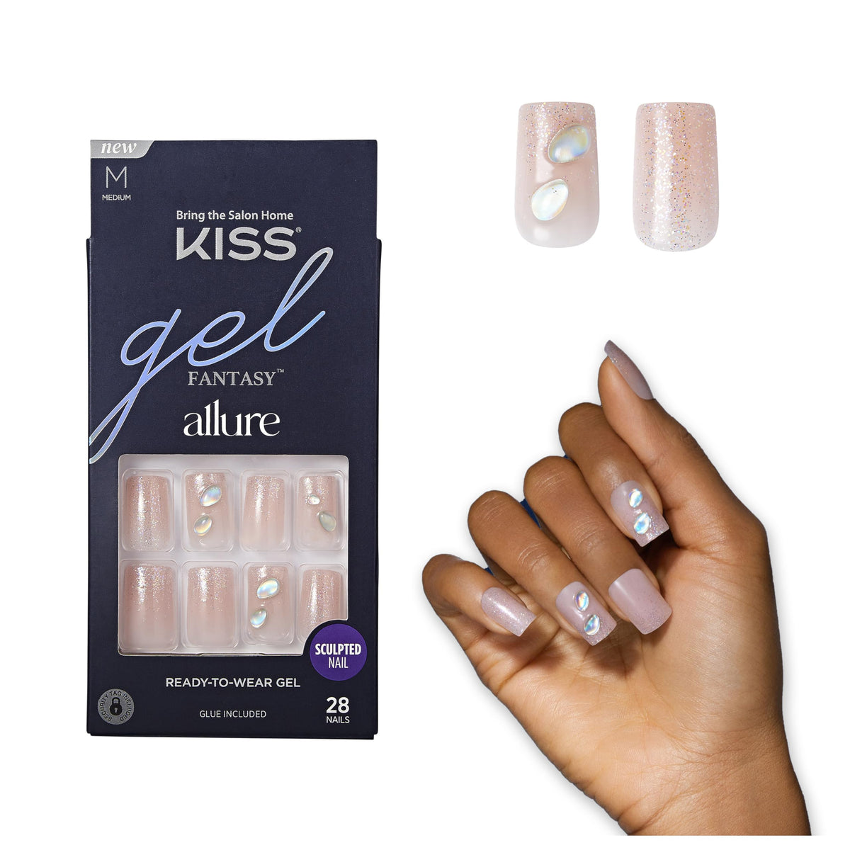 KISS Gel Fantasy Allure Press On Nails, Ready to Wear, 3D Design, Waterproof, Pink Gel Nail Glue 0.07 Oz. (2g), Manicure Stick & Mini File, 28 Count