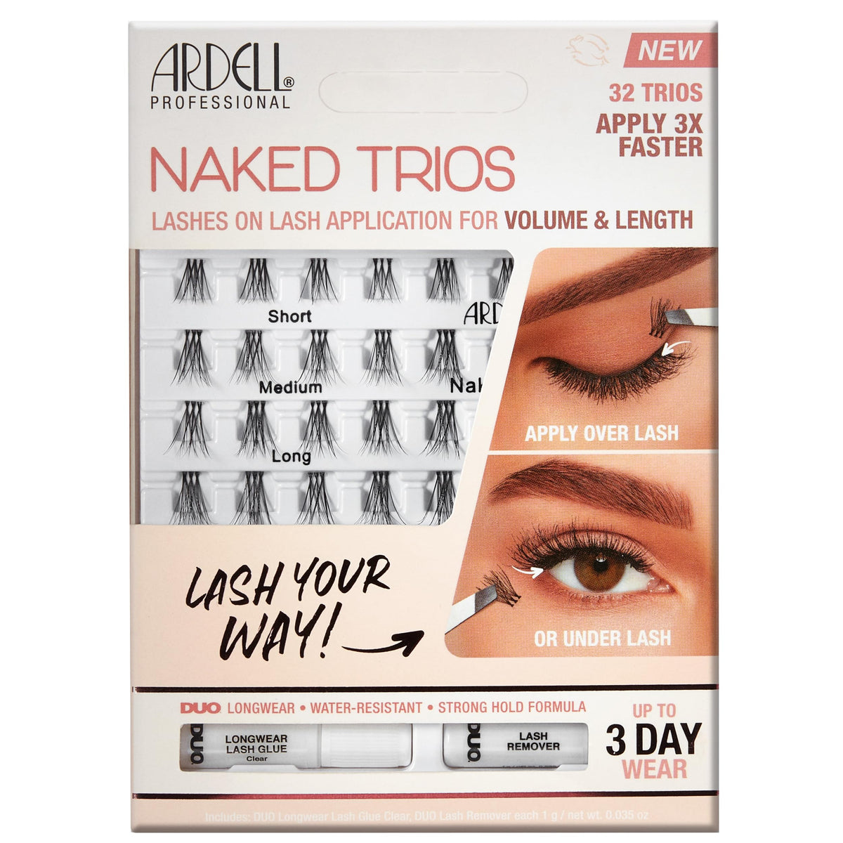 Ardell Naked Lashes Trios Kit - Natural Look Cluster Lashes with Lash Glue & Remover, DIY Eyelash Extensions, 3-Day Wear, 32 Clusters