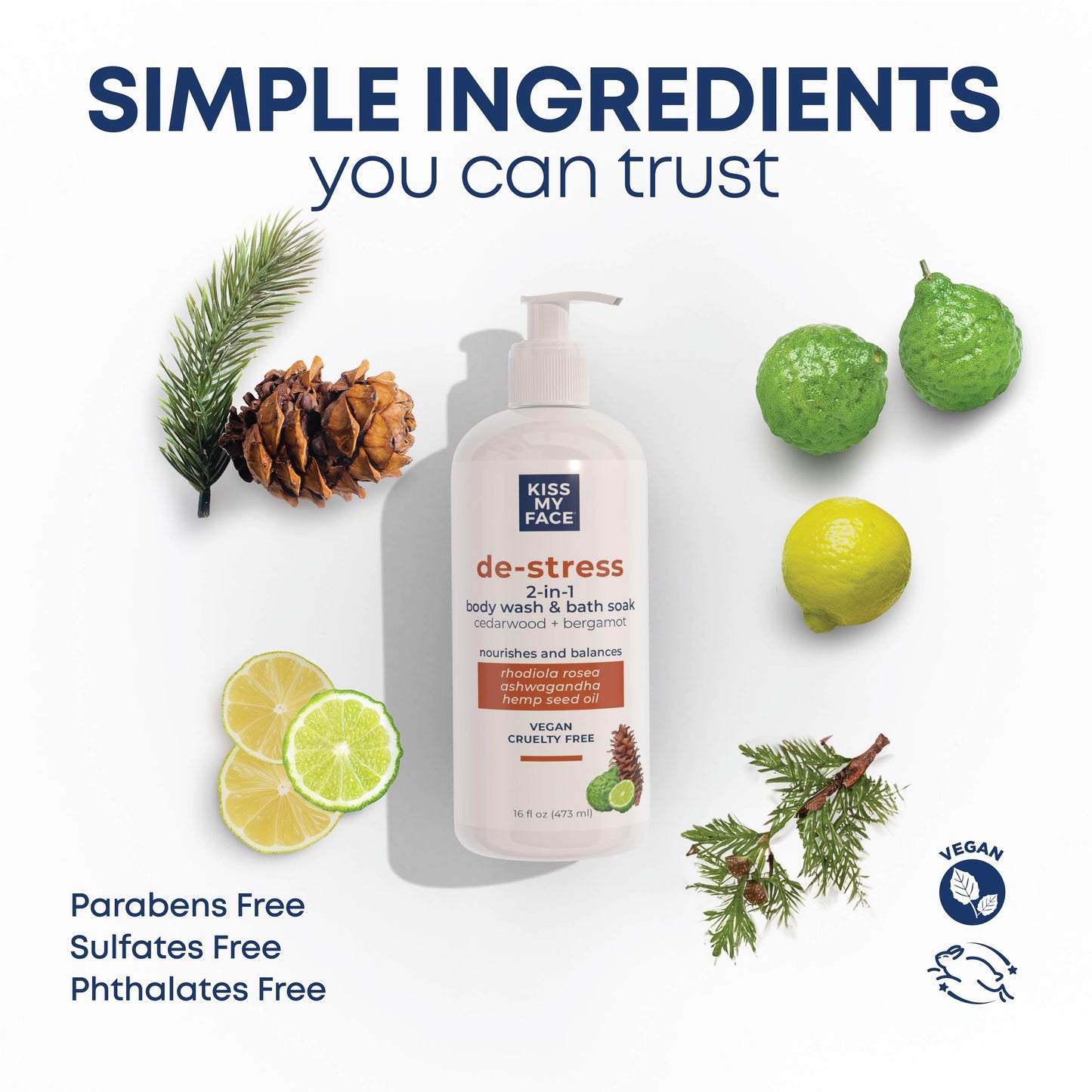 Kiss My Face De-Stress 2-in-1 Body Wash & Bath Soak Cedarwood + Bergamot - Vegan Body Wash - 16 oz Bottle with Pump (Cedarwoord & Bergamot, Pack of 1) Beauty & Personal Care Kiss My Face