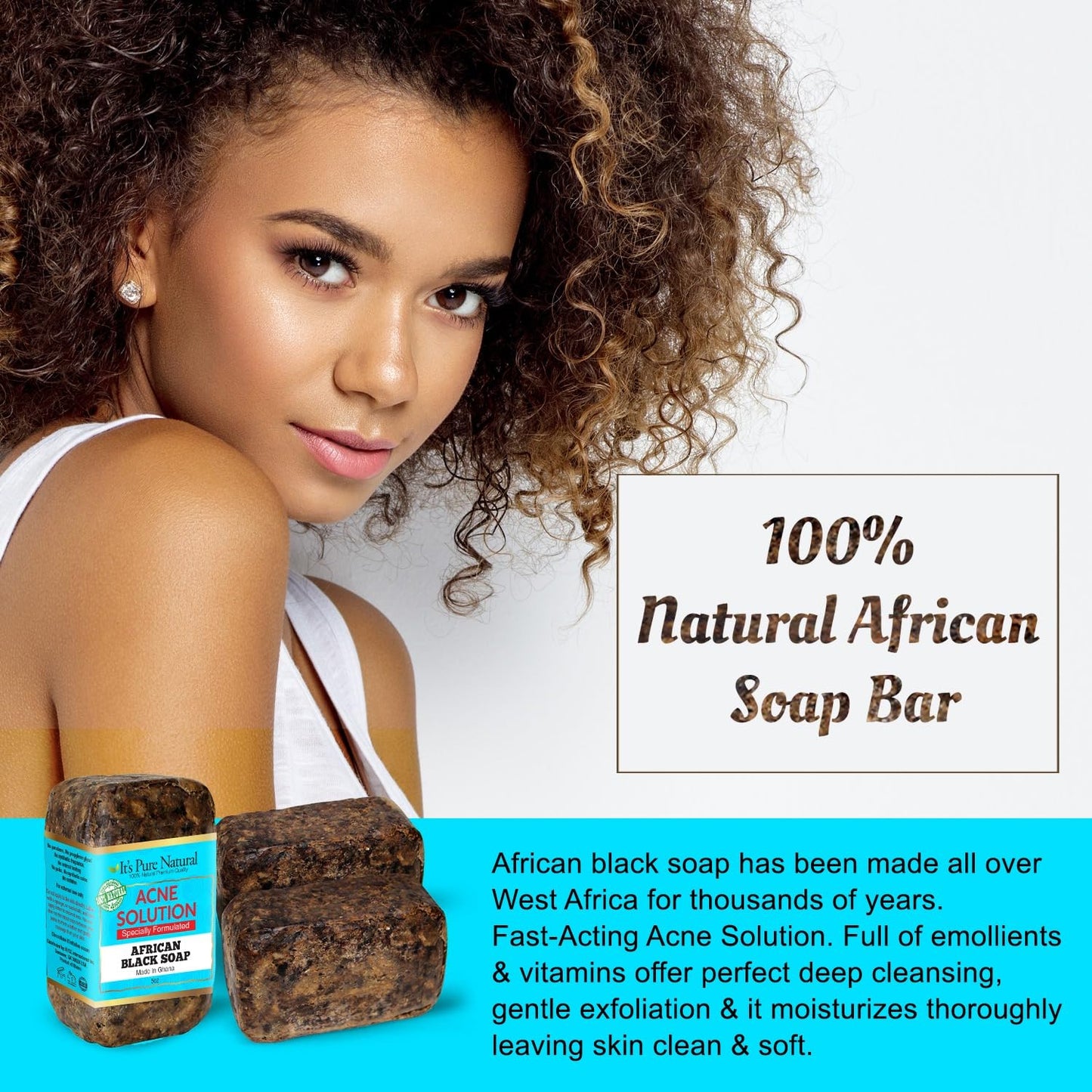 It's Pure Natural African Black Soap Bars with Acne Solution (Pack of 3) Organic Raw Soap for Face & Body, Acne Treatment & Dark Spot Remover [Made in Beauty & Personal Care It's Pure Natural