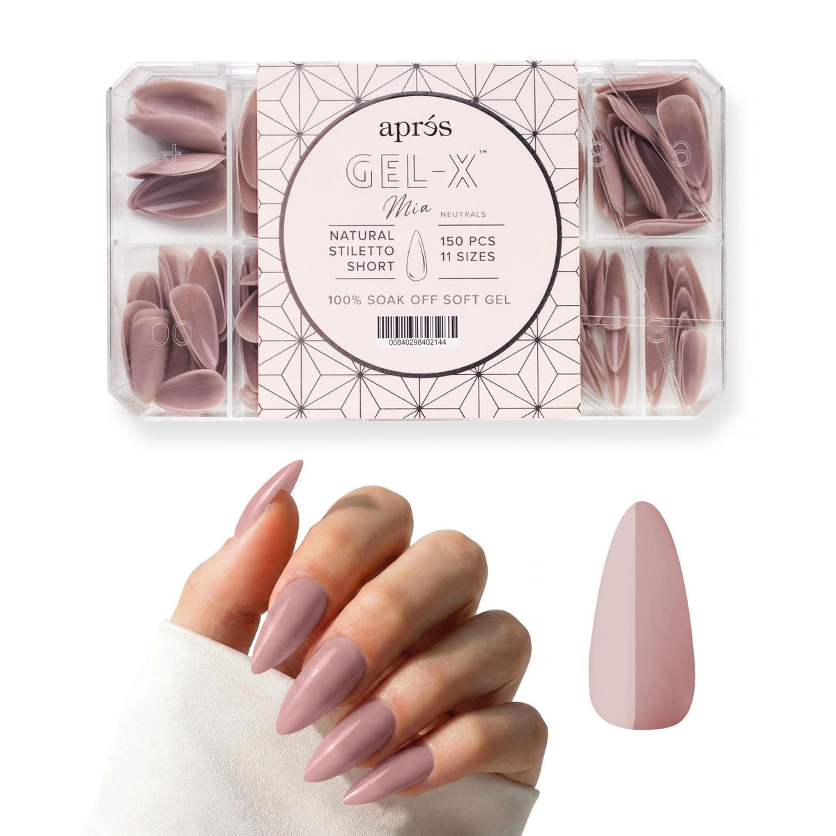 Apres Neutrals Gel-X Mia Box Of Press On Nails, 11 Sizes 00-9, Soft Gel Nail Tip Box (150pcs) (Natural Stiletto Short, 150pcs)